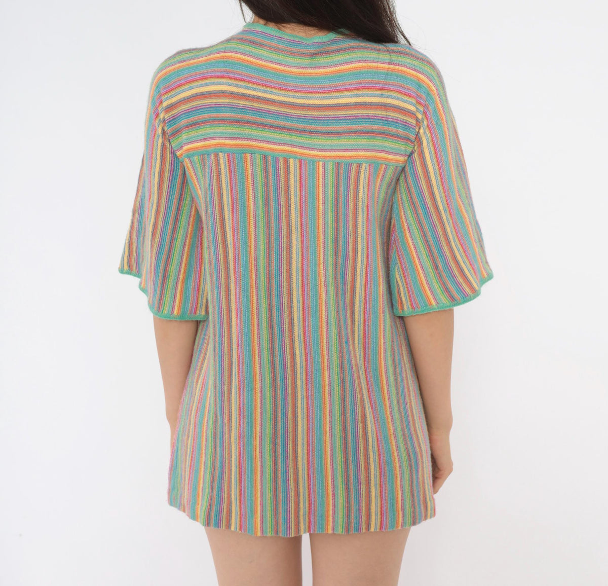 70s Key of Gee Rainbow Striped Knit Mini Dress V Neck A Line Extra Small