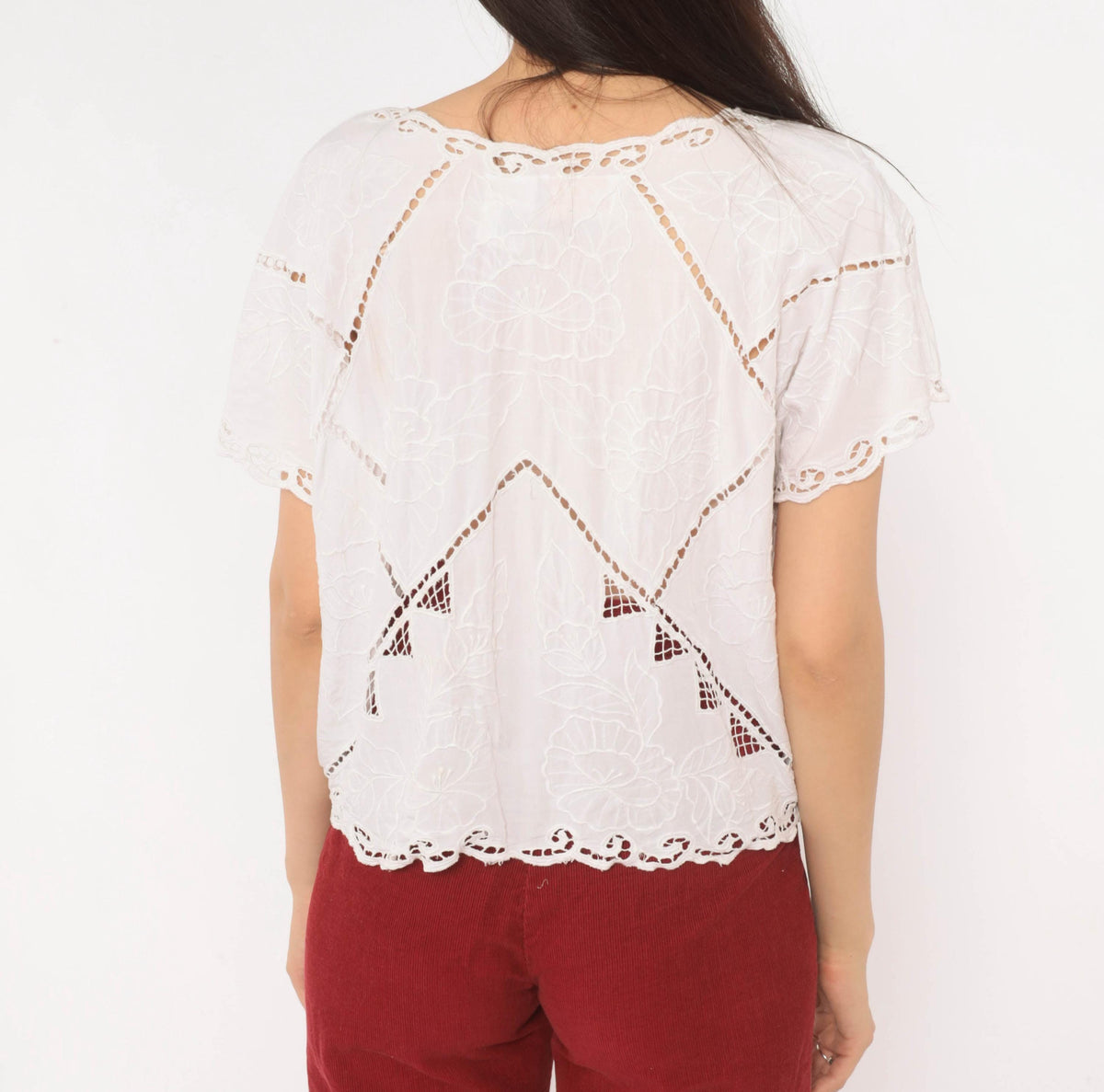 90s Hibis White Cutwork Eyelet Blouse Embroidered Floral Flutter Sleeve Large