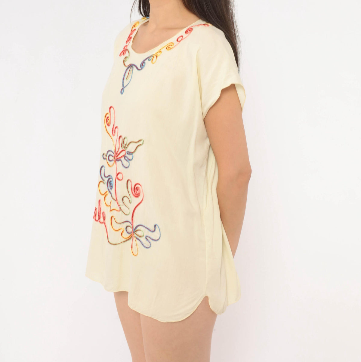 Y2K Cream Blouse Rainbow Soutache Embroidered Floral Cap Sleeve Medium M