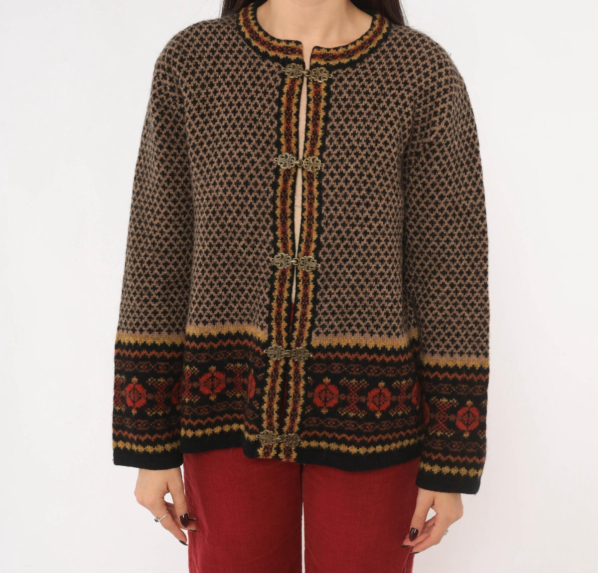 90s Skyr Wool Cardigan Black Tan Fair Isle Nordic Knit Small S