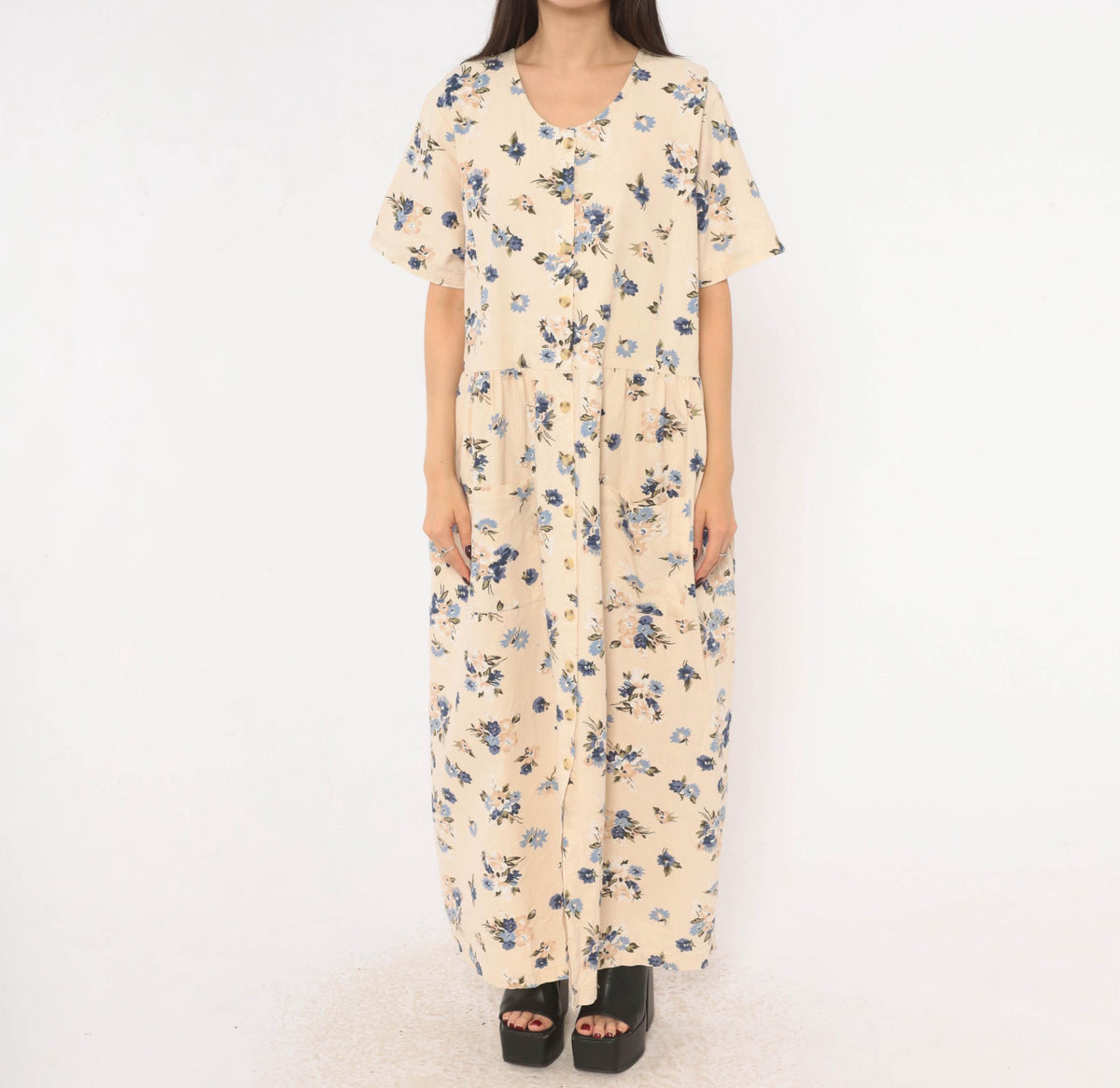90s Studio C Floral Linen Maxi Dress Cream Navy Plus Size XXL