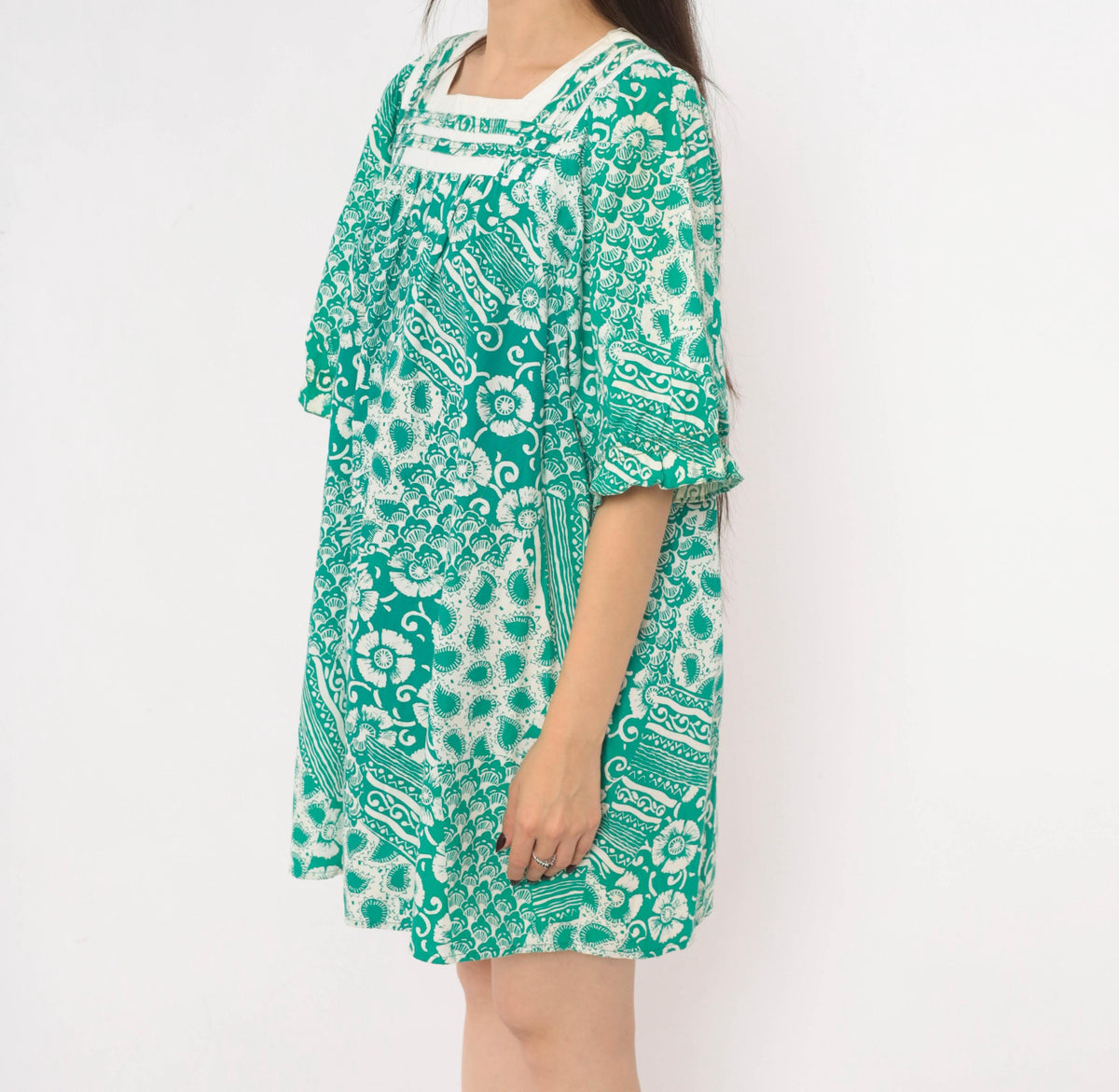 90s Expressions Teal Batik Floral Cotton Dress Square Neck Puff Sleeve Medium M