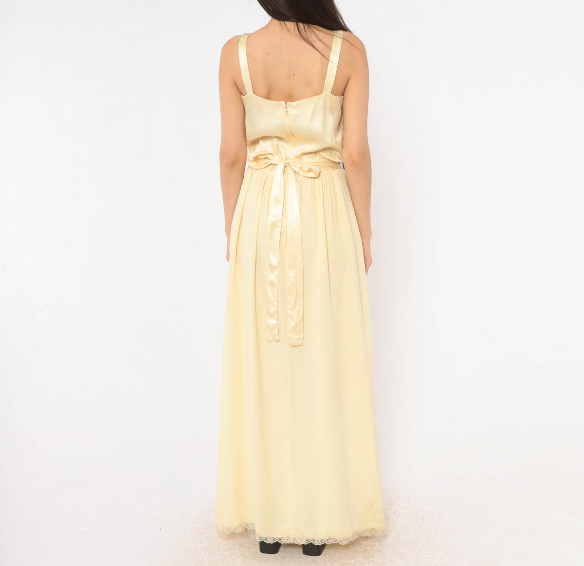 70s Gunne Sax Maxi Dress Cream Satin Lace Pearl Button Spaghetti Strap Medium M