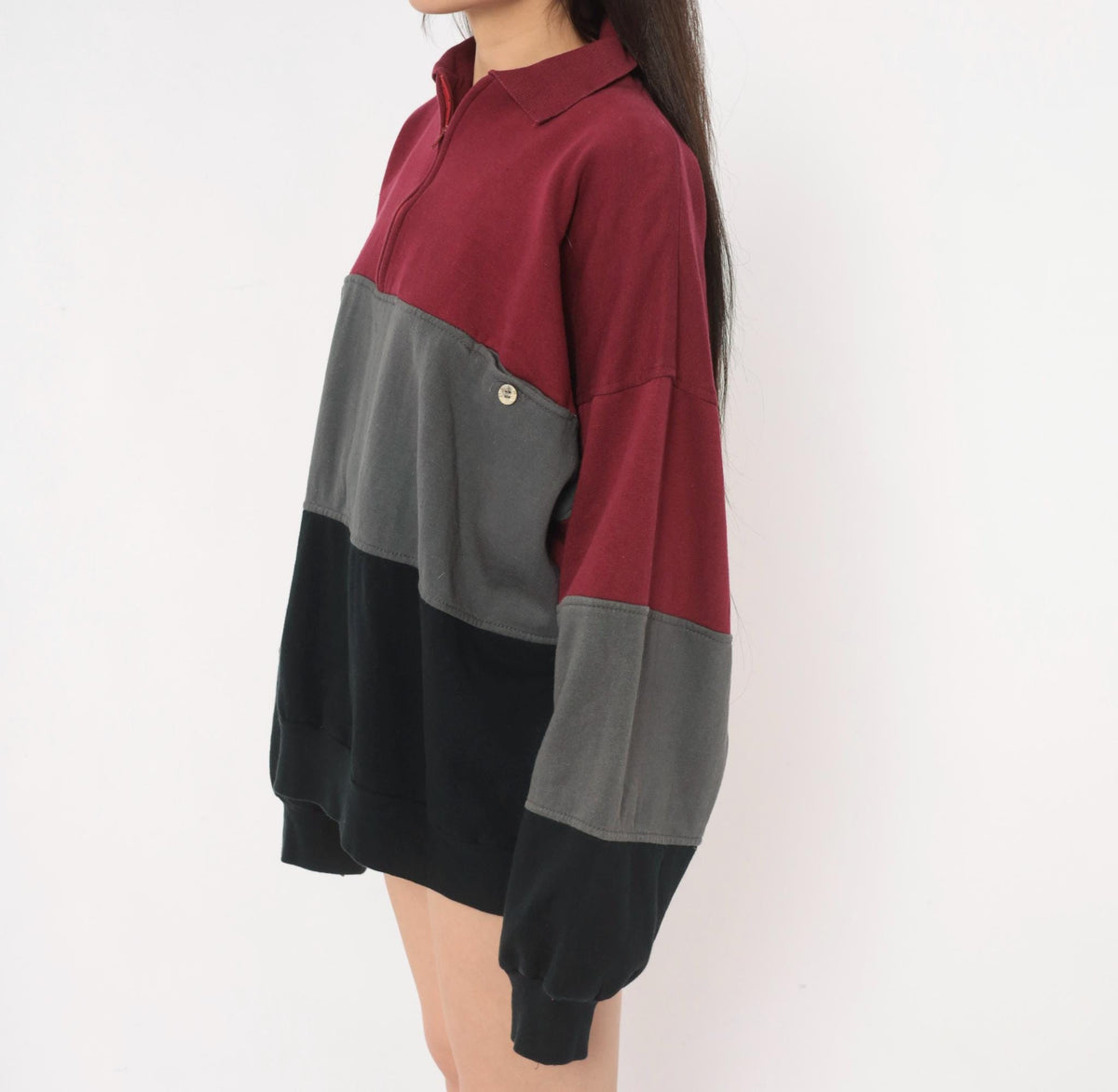 90s Colorblock Quarter Zip Sweatshirt Burgundy Grey Black Extra Large