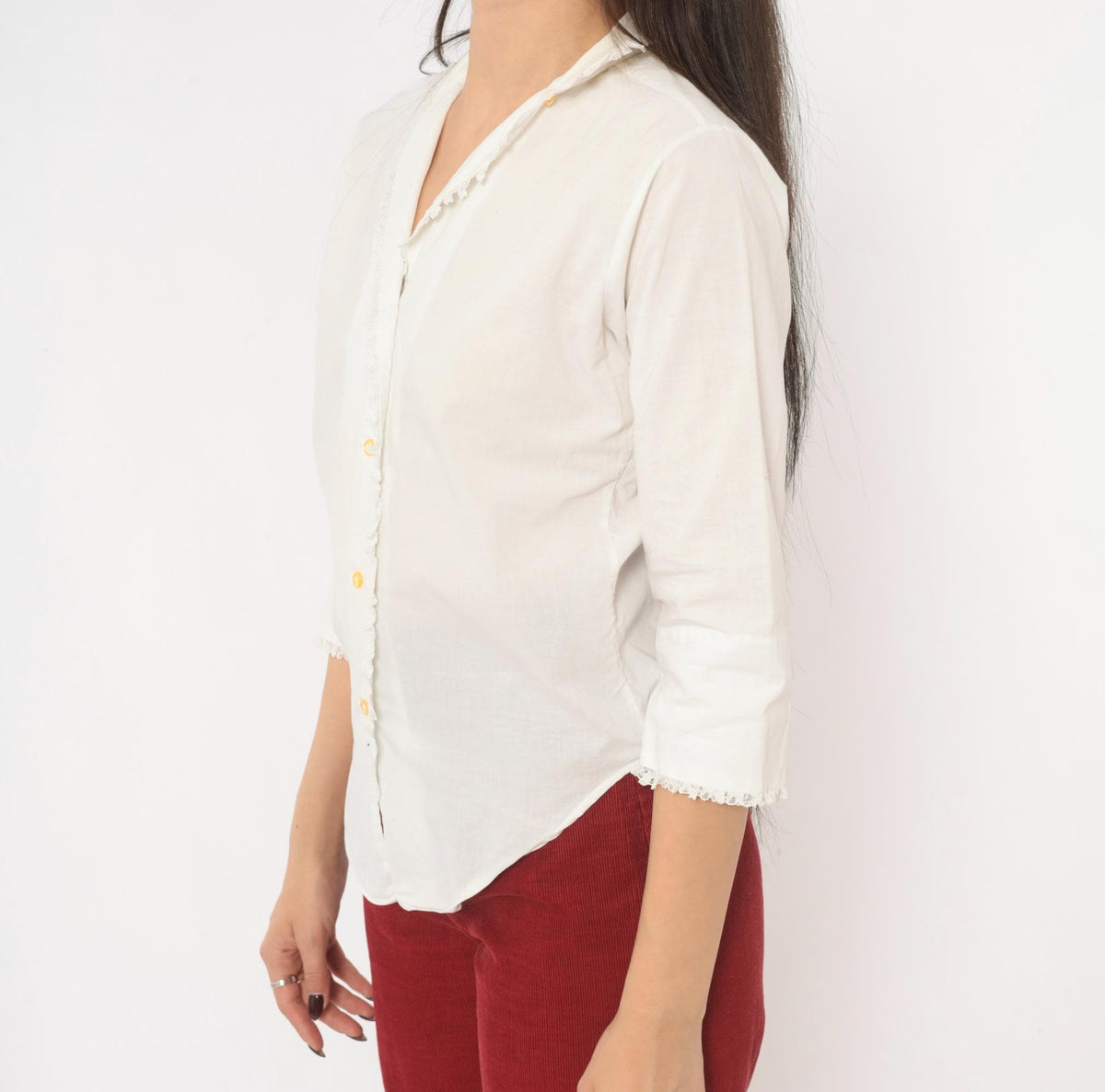 70s Lady Manhattan White Cotton Blouse Lace Trim V Neck Three Quarter Sleeve Extra Small