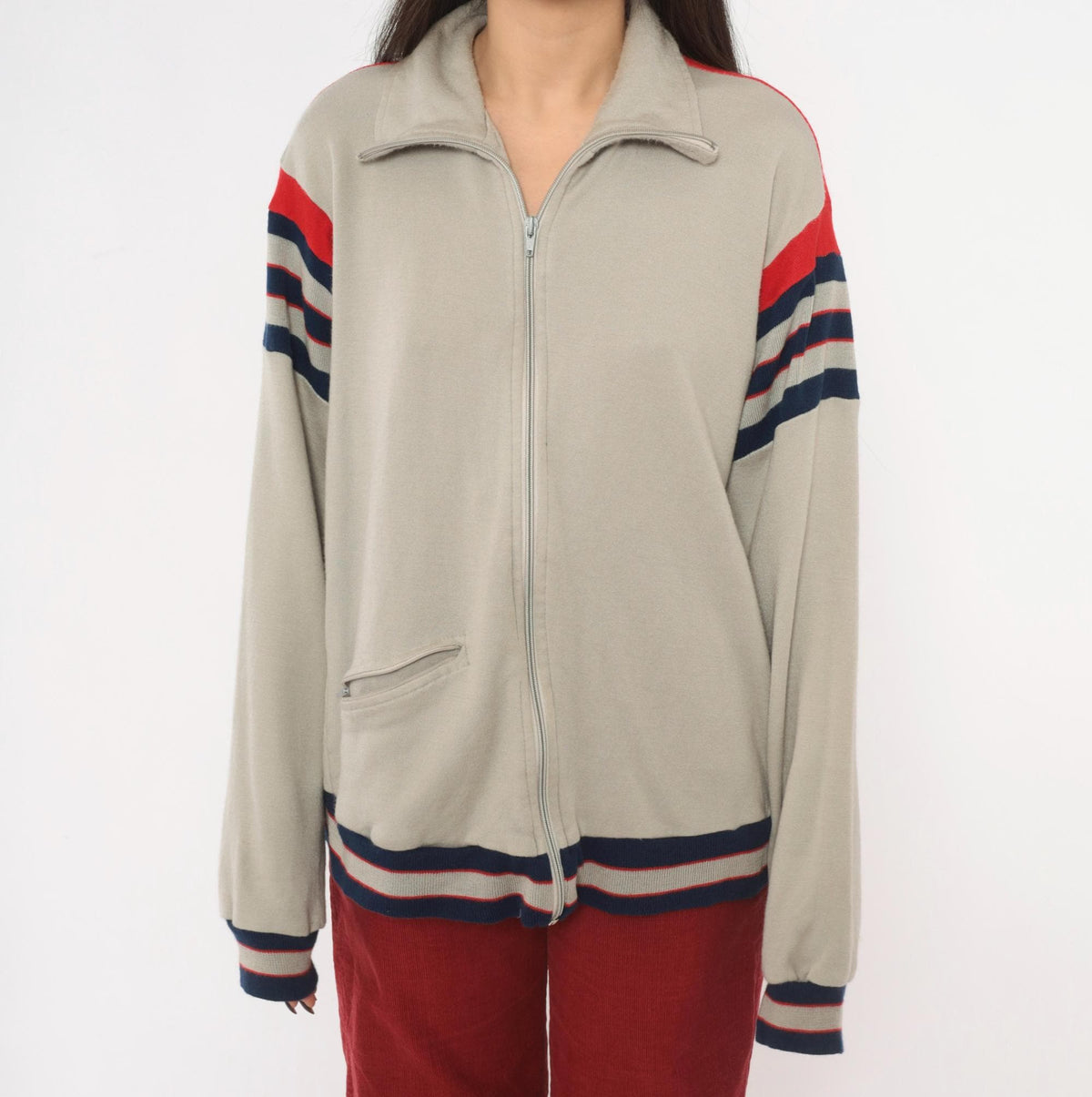 80s Track & Court Zip Jacket Grey Navy Red Stripe Bomber Medium