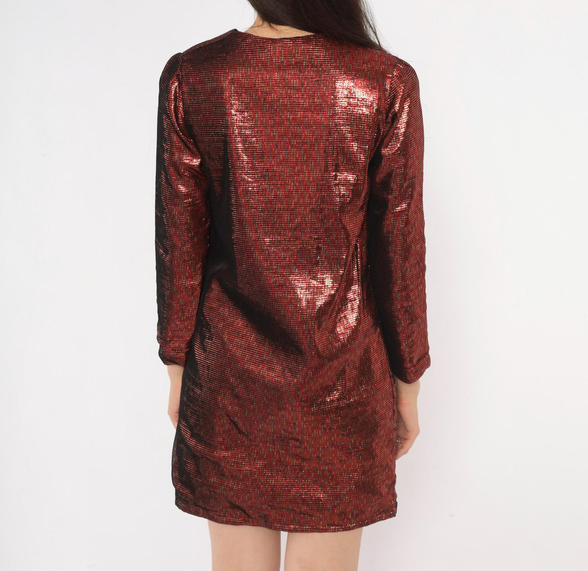 70s Red Gold Metallic Lurex Mini Dress V Neck Wrap Front Long Sleeve Extra Small