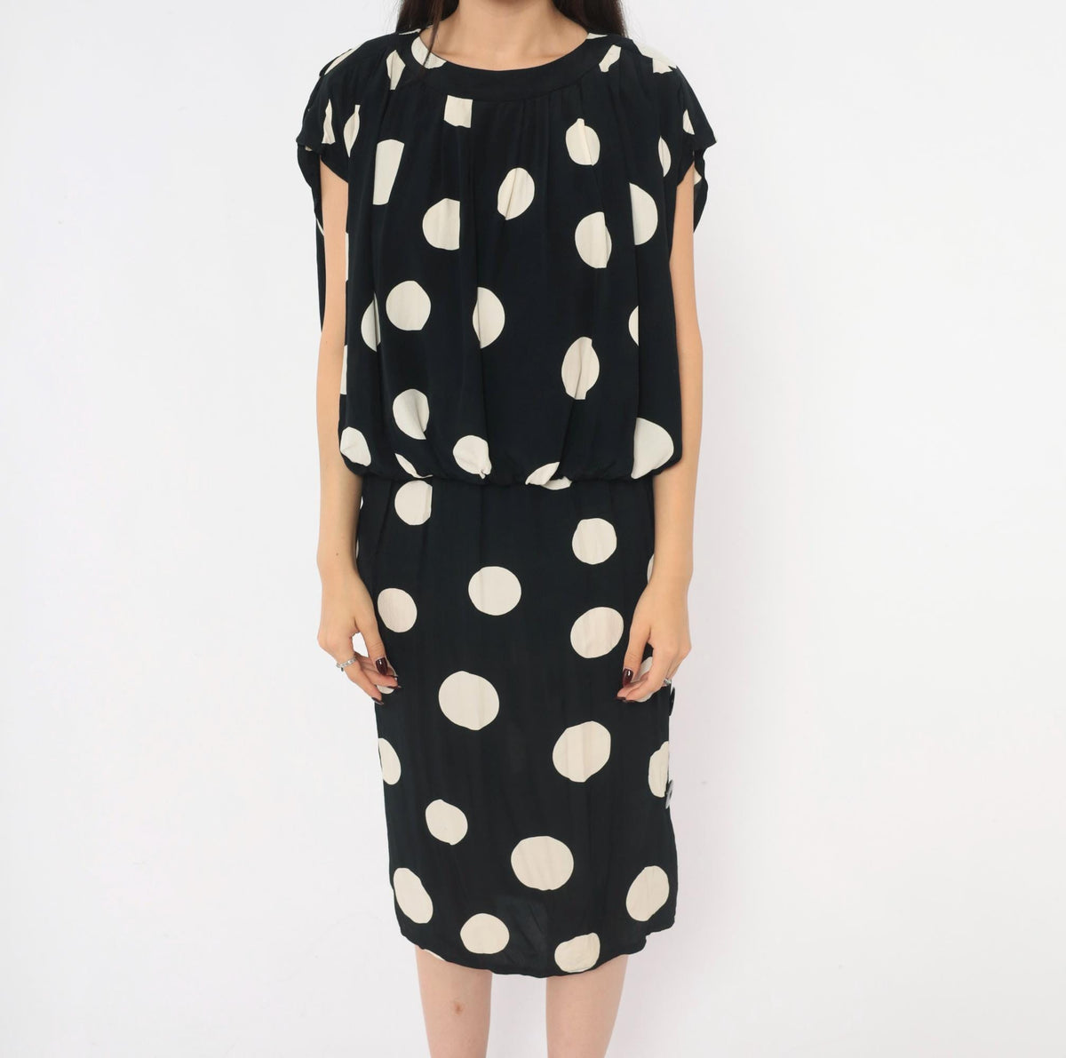 90s Chetta B Polka Dot Midi Dress Black Cream Cap Sleeve Small S