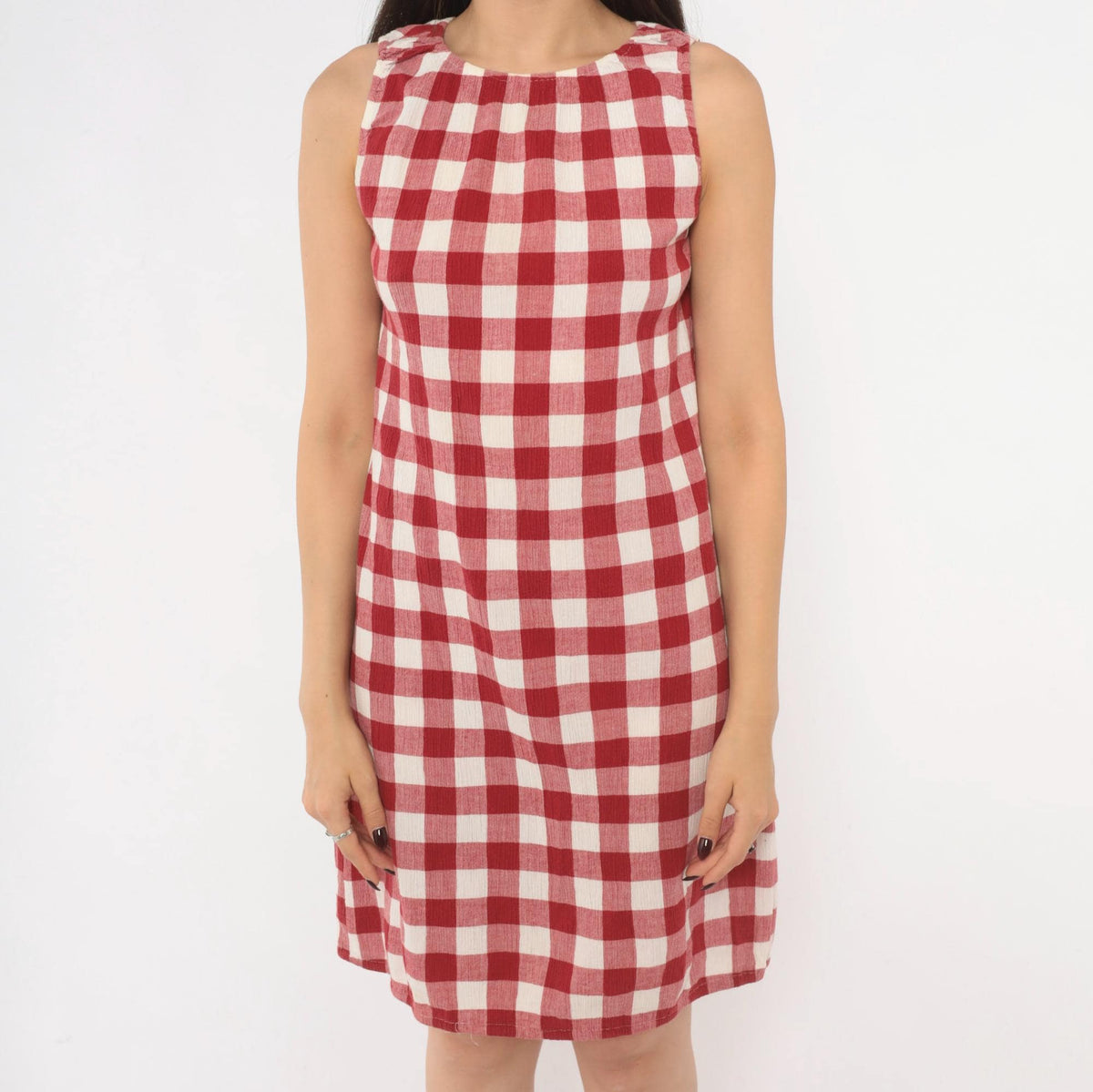Y2K Red Gingham Sleeveless A-Line Dress Knee Length Medium M