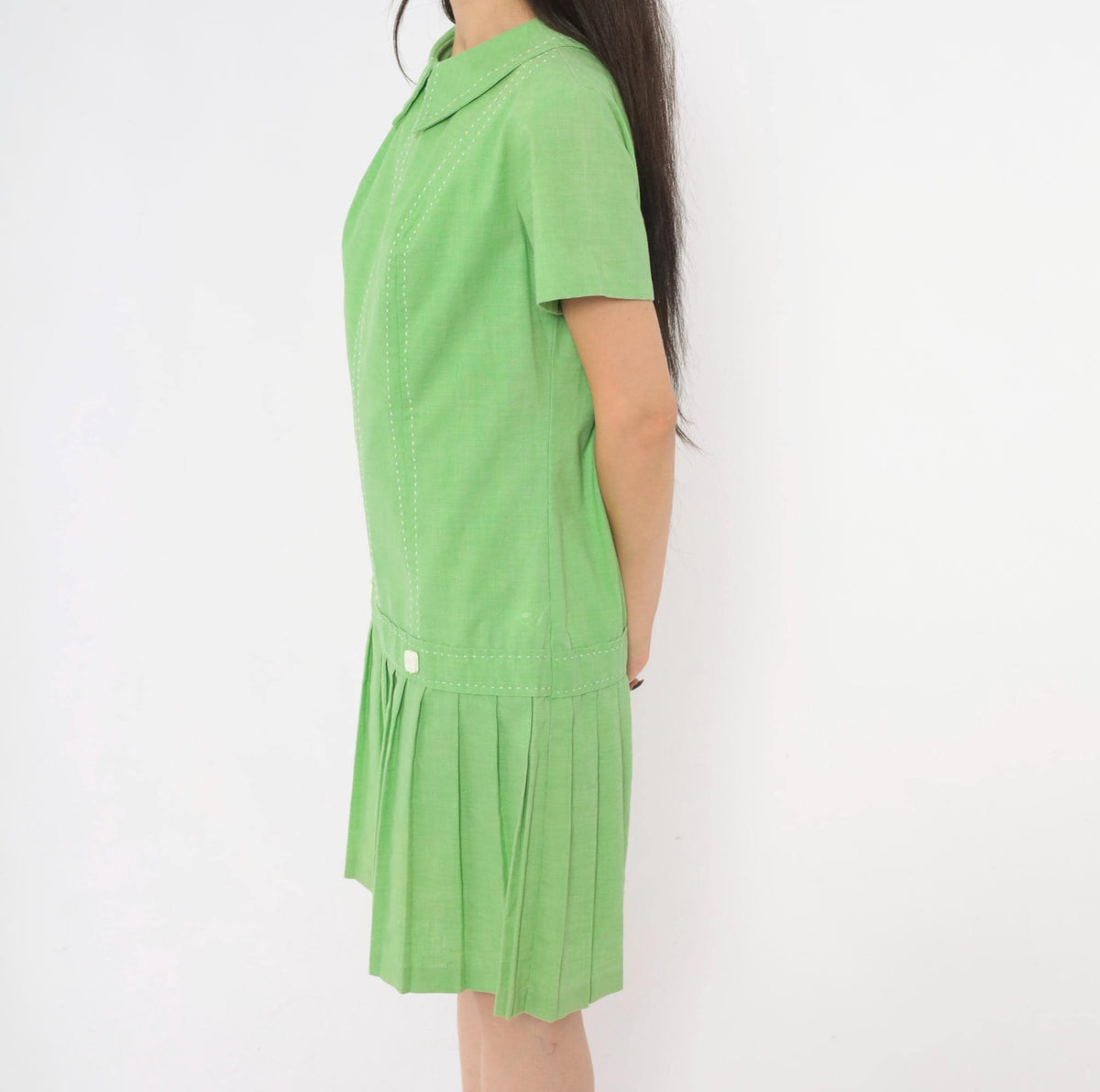60s Mod Lime Green Shift Dress Peter Pan Collar Pleated Skirt Medium M