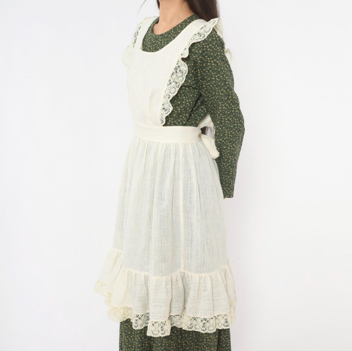 70s Cream Linen Pinafore Apron Dress Crochet Lace Ruffle Tie Back