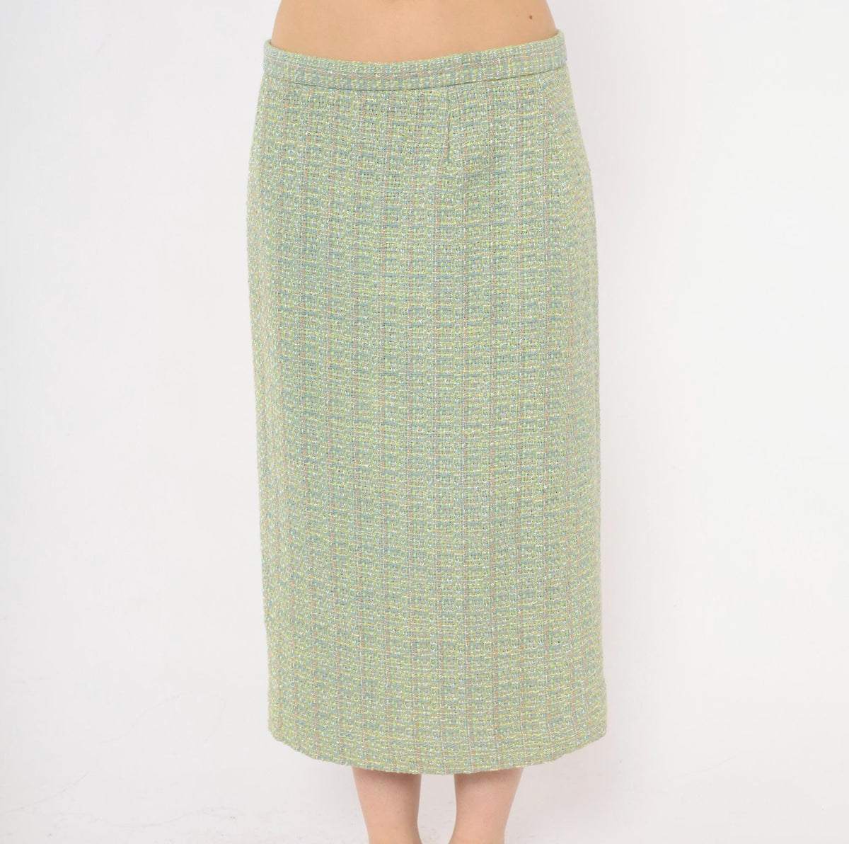 Y2K Green Tweed Midi Skirt Henry Lee Boucle High Waist Pencil Medium M