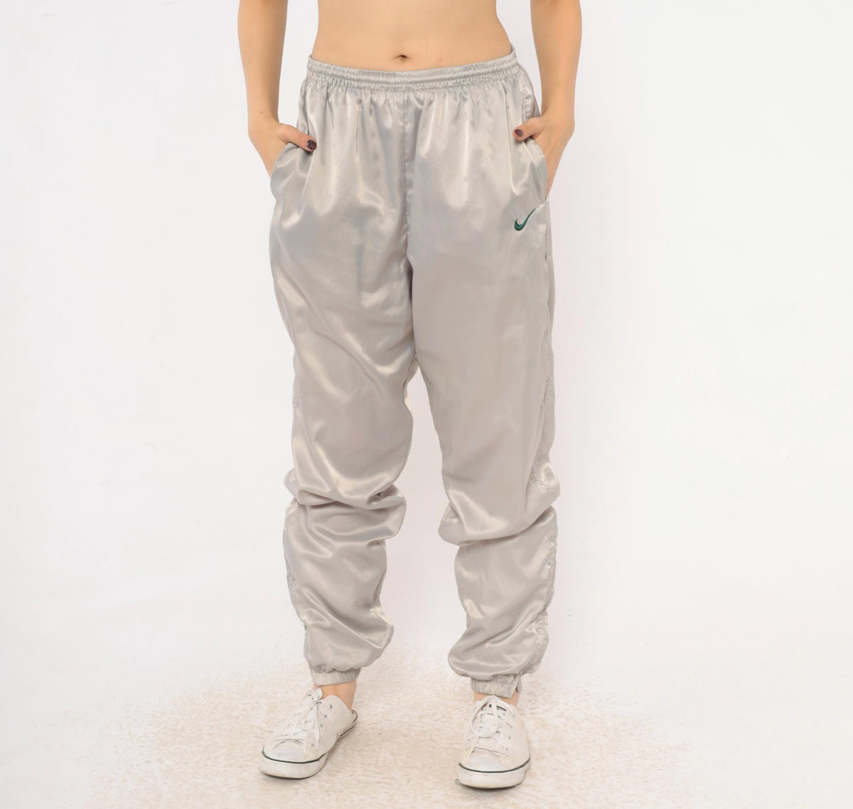90s Nike Track Pants Grey Nylon Tapered Joggers Ankle Zip Medium M