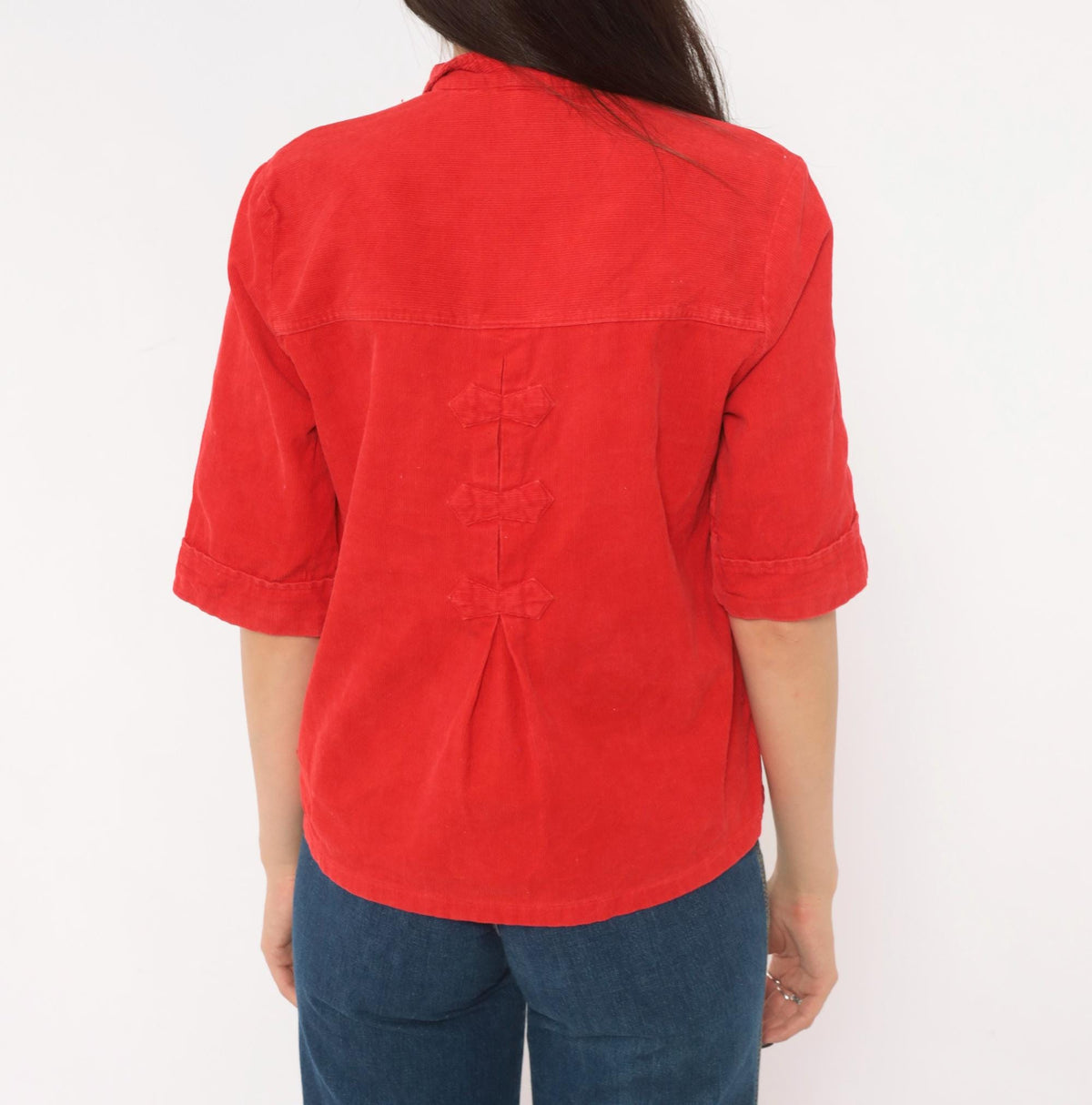 70s Red Corduroy Zip Shirt Pointed Collar Patch Pocket Cropped Blouse Small S