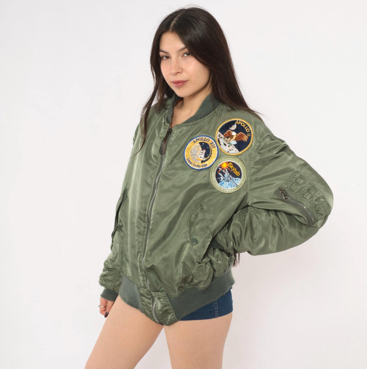 90s MA-1 Bomber Jacket Olive Green Reversible Orange Flight Coat Large L