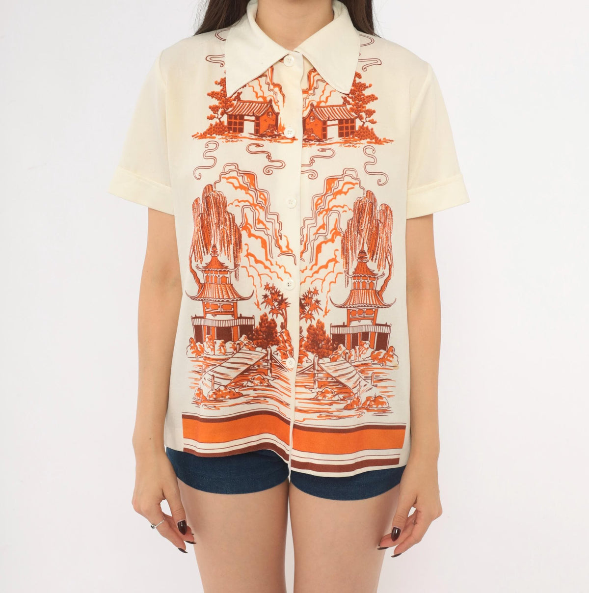 70s Pagoda Willow Tree Scenic Print Blouse Cream Orange Pointed Collar Medium