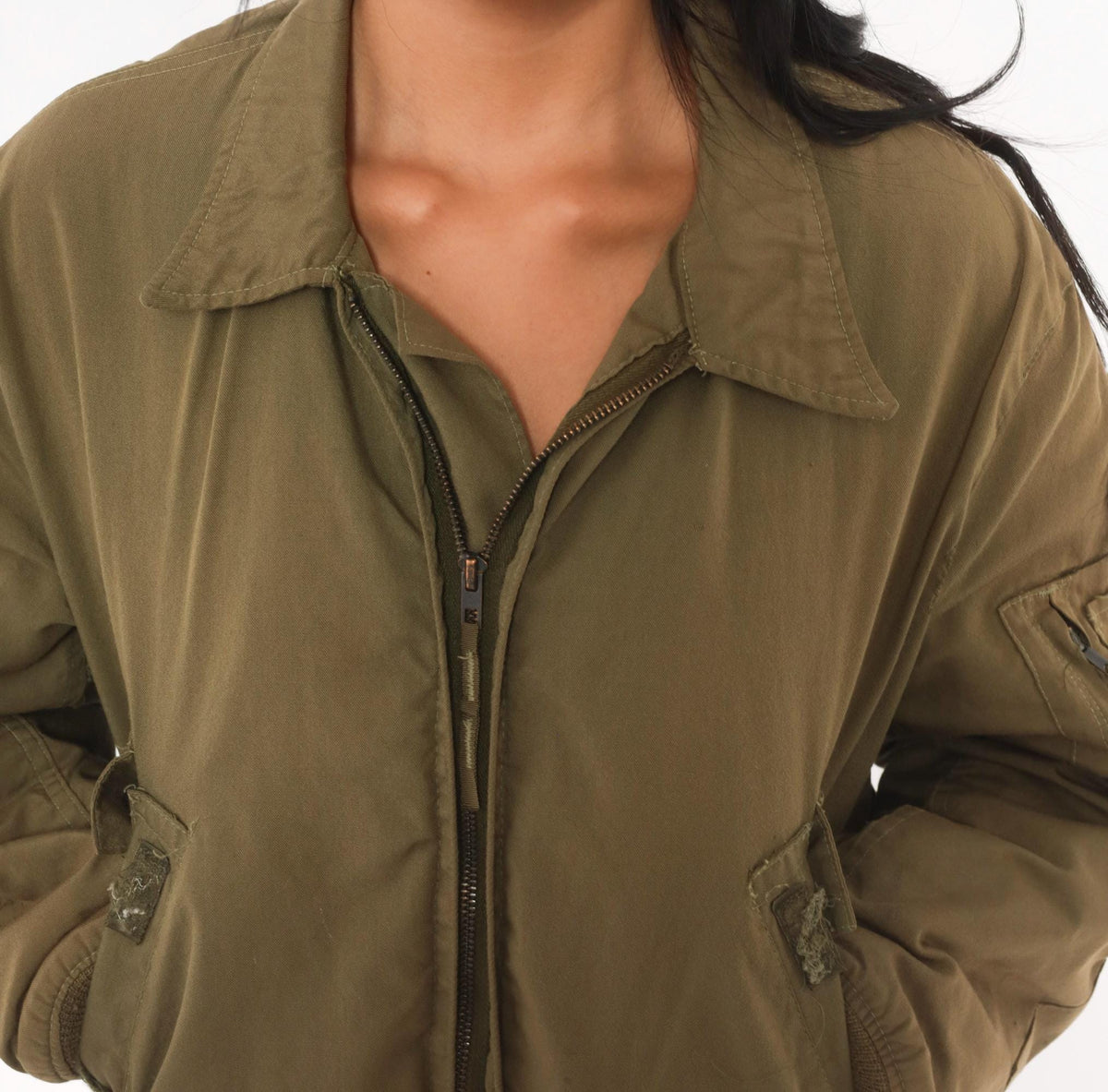 90s Olive Green Military Flight Jacket Bomber Zip Front Medium