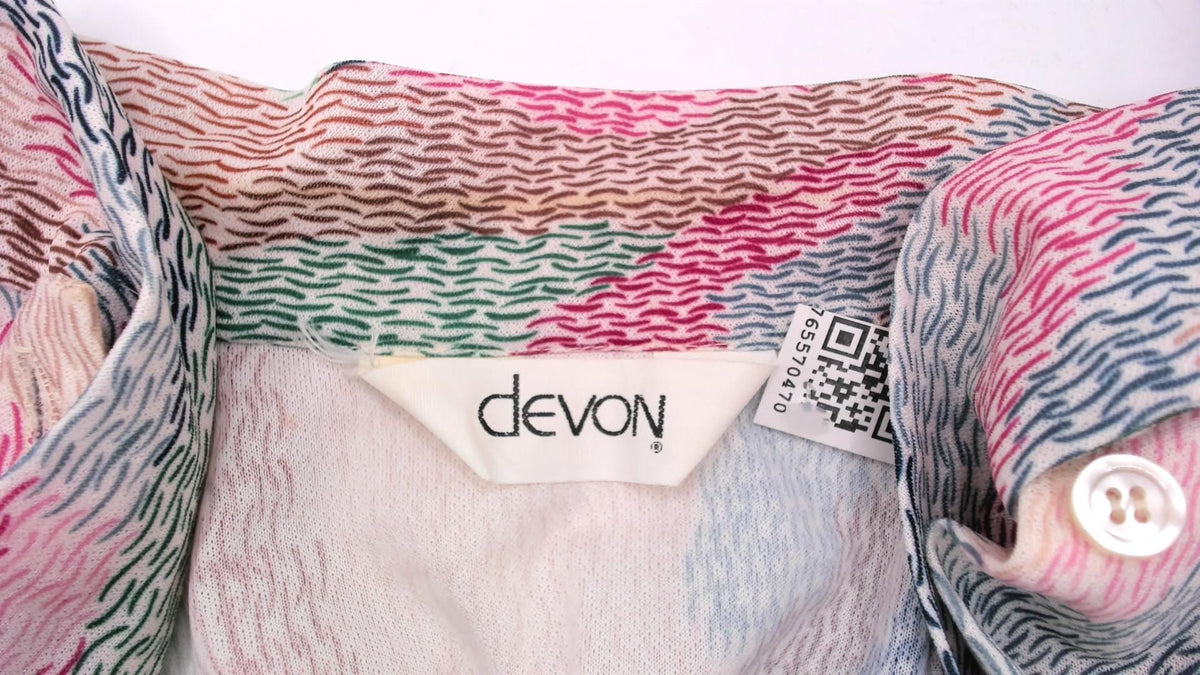 70s Devon Abstract Print Blouse Pink Bow Tie Neck Button Front Medium