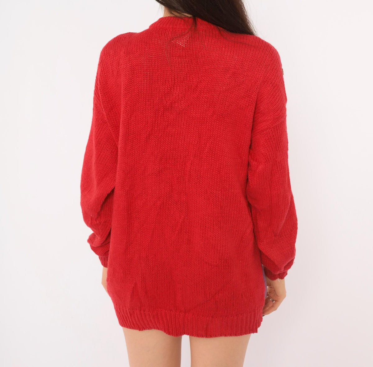 90s Hand Knit Cardigan Red Garden Scene Intarsia Floral Button Front Medium