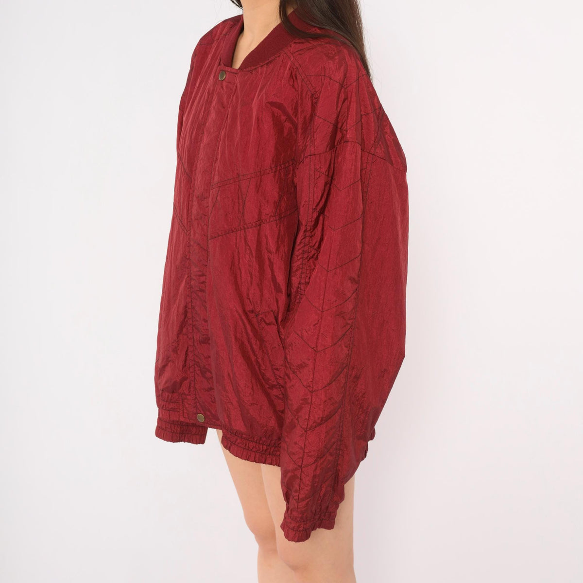 80s Burgundy Bomber Jacket Nylon Windbreaker Snap Collar Lined Large L