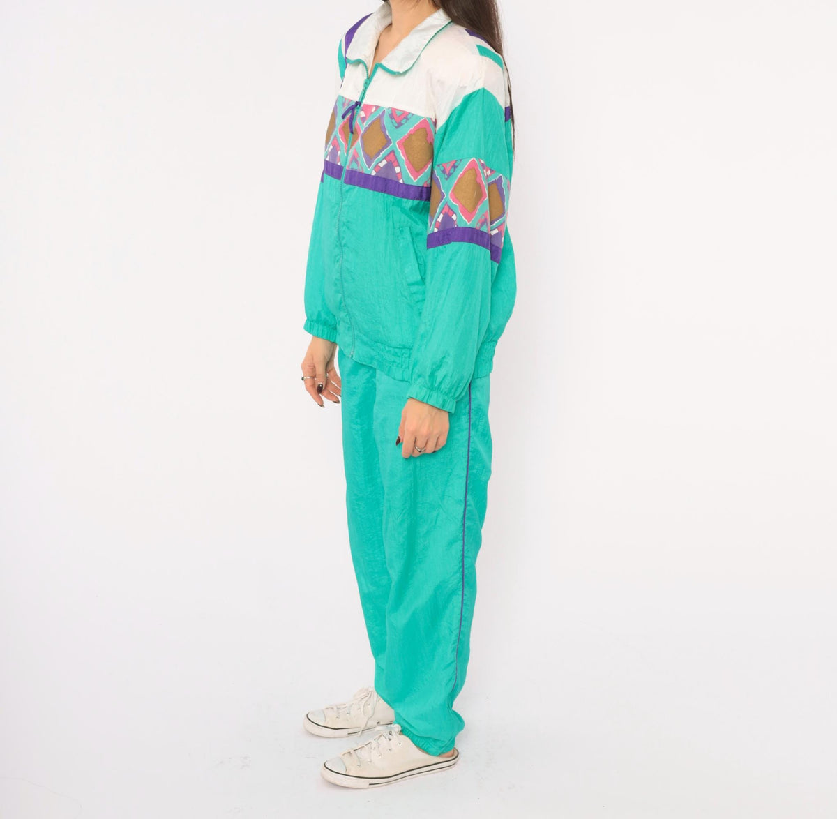90s PS Sport Teal Tracksuit Set Windbreaker Jacket Jogger Pants Geometric Diamond Print Small