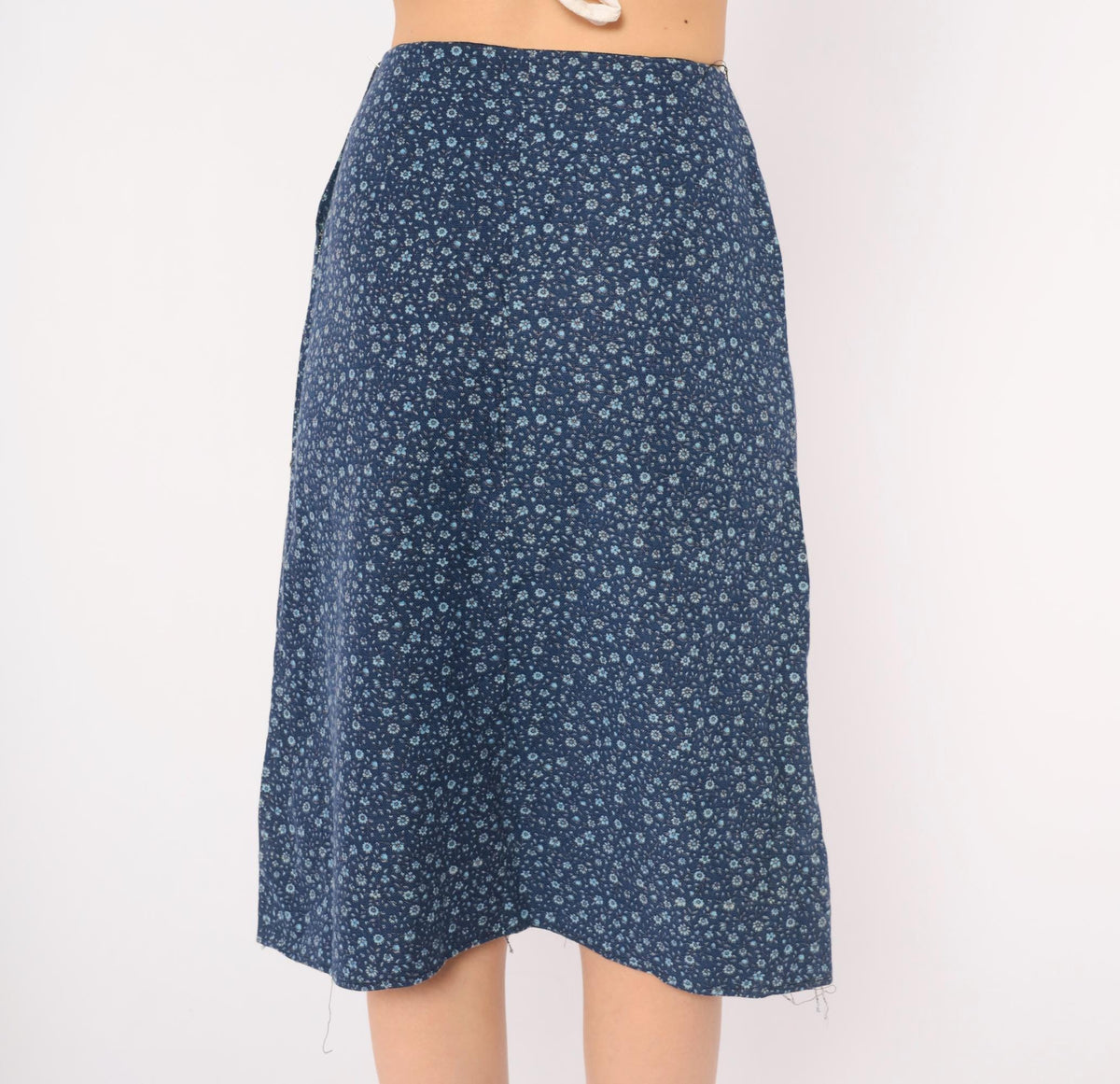 60s Navy Ditsy Floral Calico Cotton A-Line Skirt High Waist Extra Small