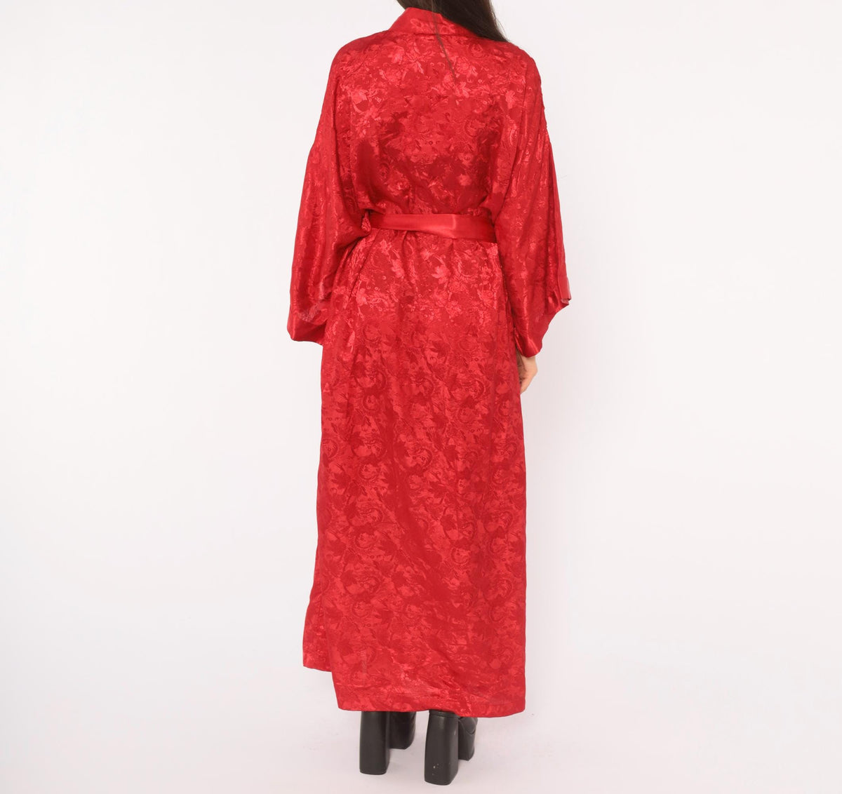 90s Contessa Di Roma Red Satin Robe Floral Jacquard Maxi Wrap Plus Size XXL