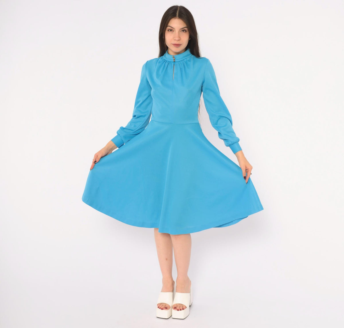 70s Sky Blue A-Line Dress Long Sleeve Keyhole Gold Buttons Small S
