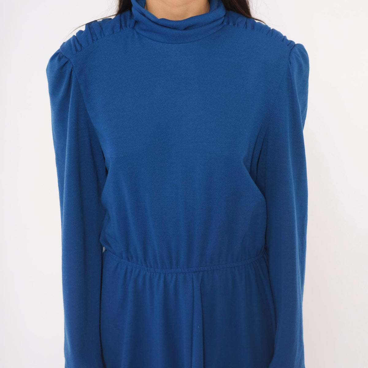 80s Cobalt Midi Dress Puff Shoulder Mock Neck A-Line Pockets Royal Blue Medium M