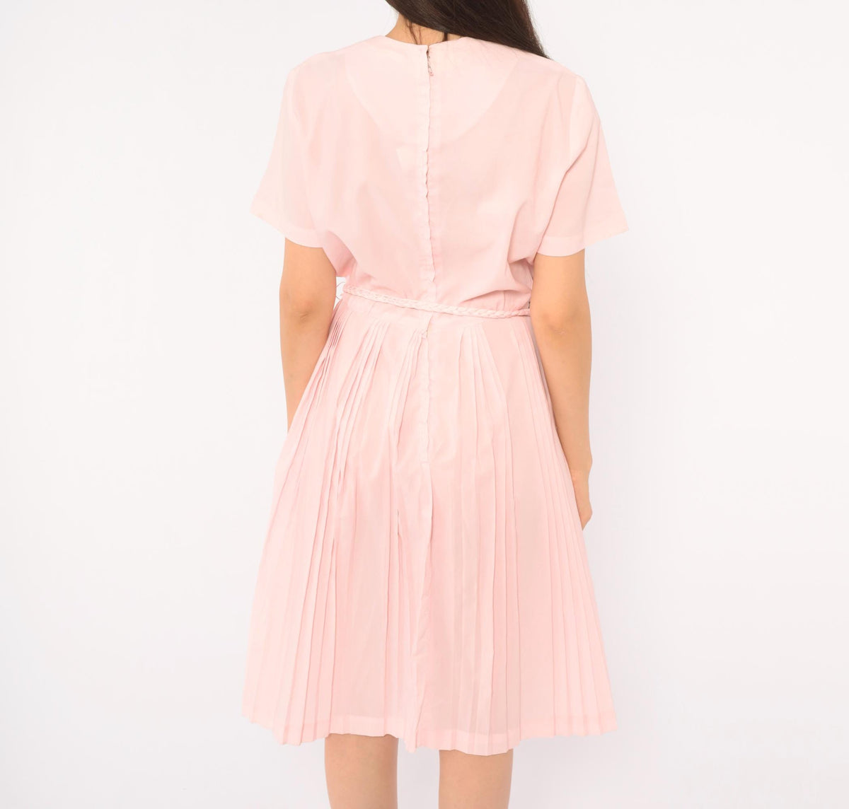 60s Blush Pink Pleated Day Dress Blouson Dropped Waist Crew Neck Small S