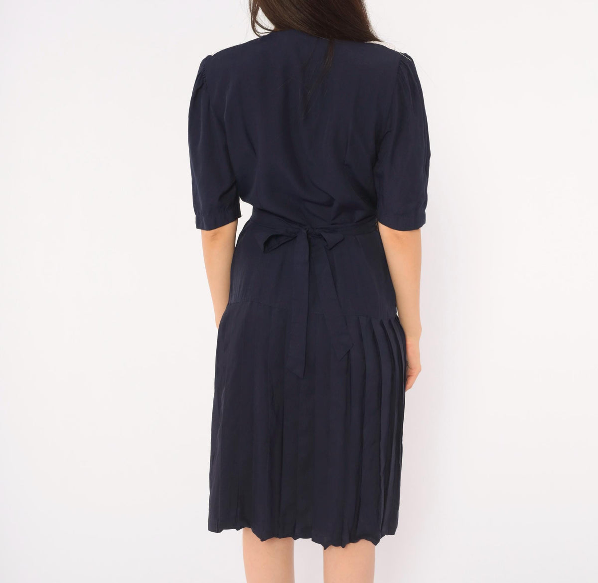 90s Navy Lace Collar Dress White Pearl Buttons Puff Sleeve Pleated Skirt Small