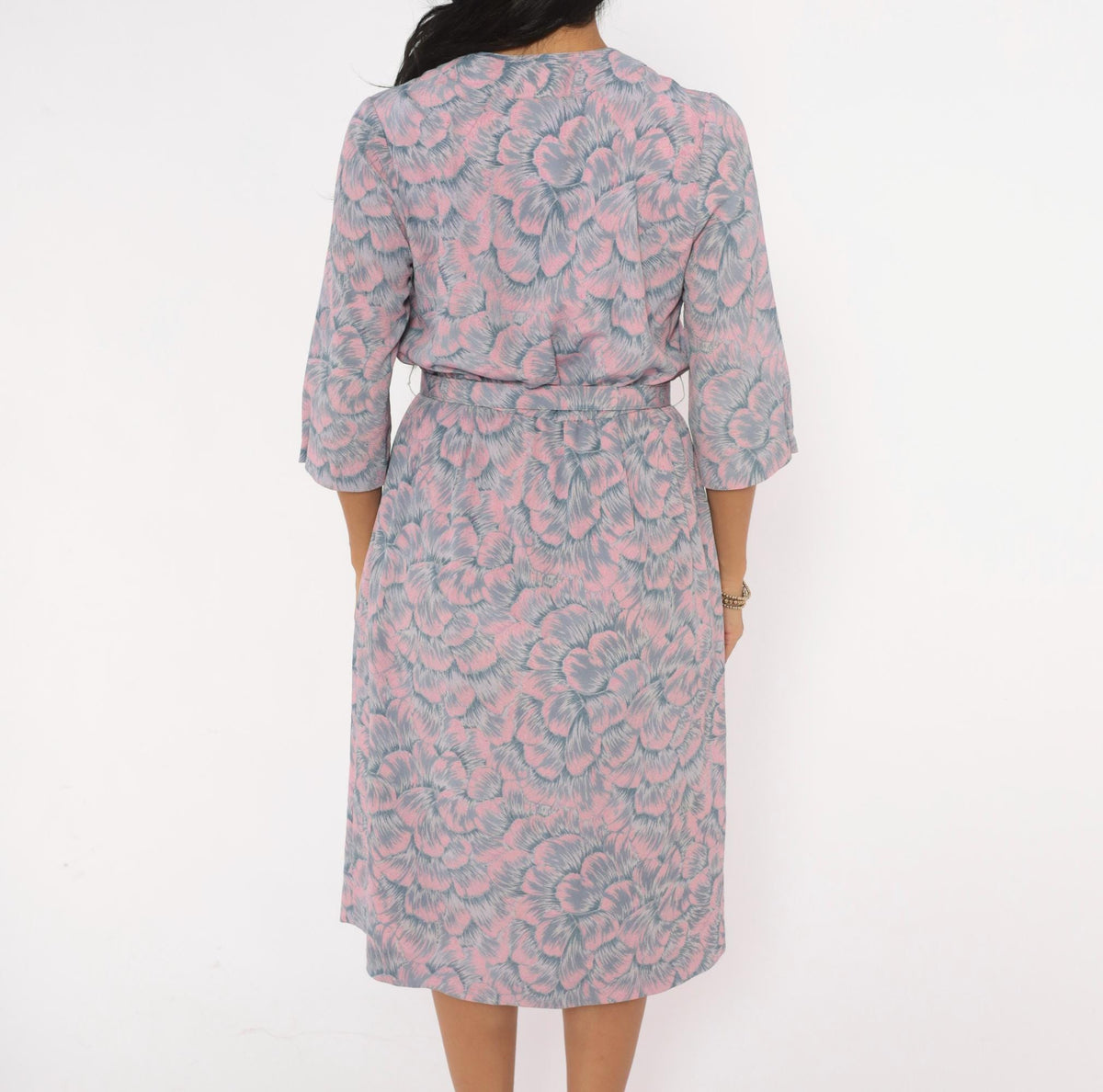 80s Silver Fashion Pink Grey Floral Blouson Dress Button Front Pleated Small S