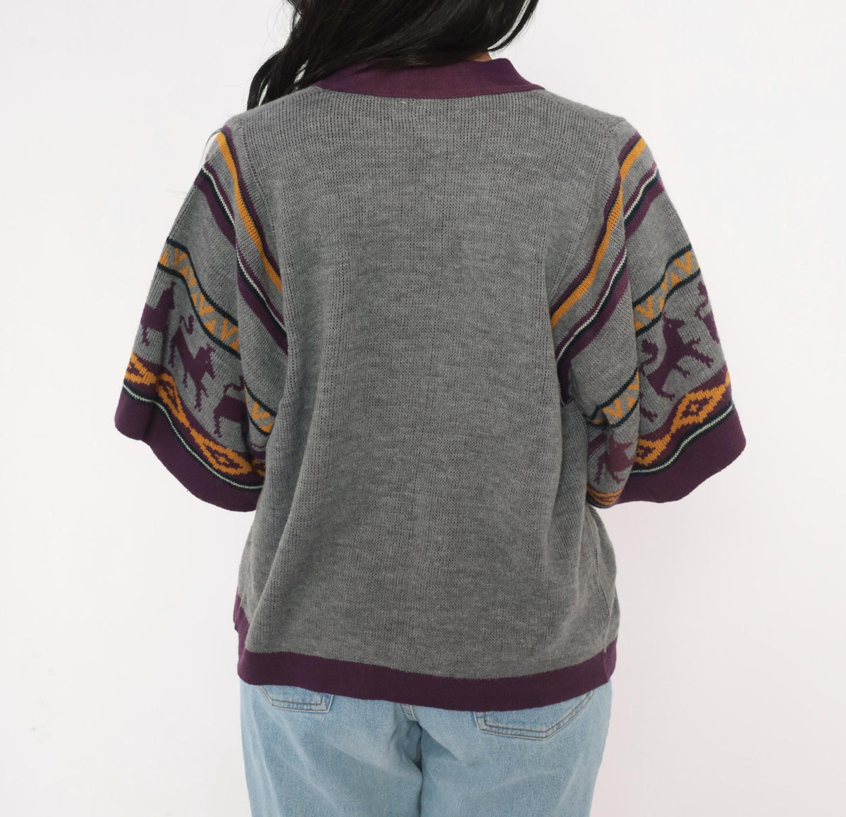 70s Southwestern Cardigan Gray Llama Alpaca Knit Kimono Sleeve Small Medium