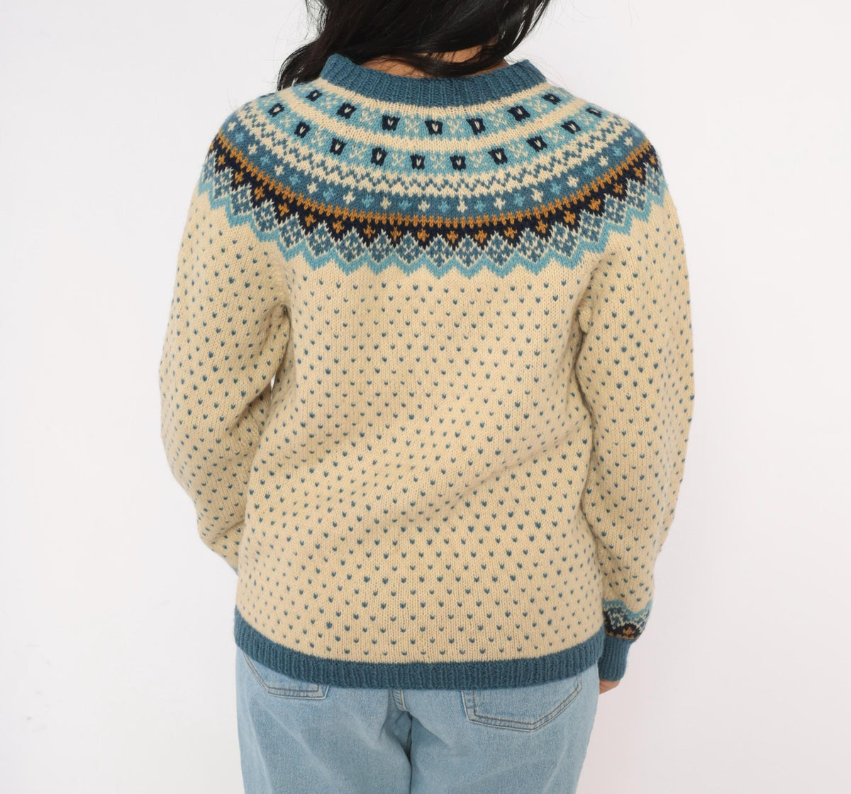 70s Norsk Husflid Fair Isle Wool Cardigan Blue Cream Nordic Knit Small
