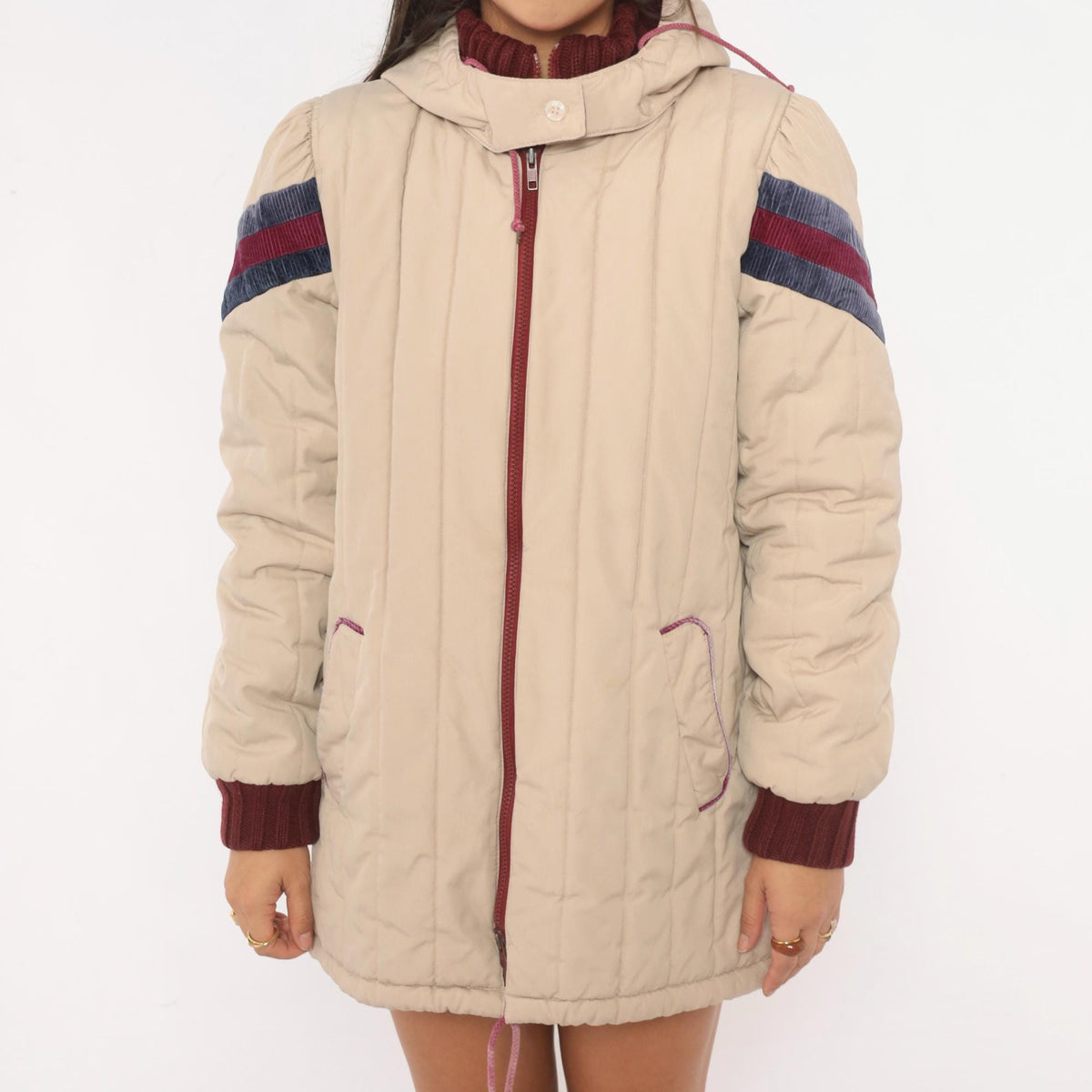 80s JC Penney Cream Puffer Coat Hooded Quilted Ski Jacket Small