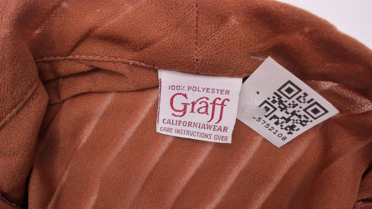70s Graff Tan Ruffle Jabot Blouse Mock Neck Pleated Semi-Sheer Medium