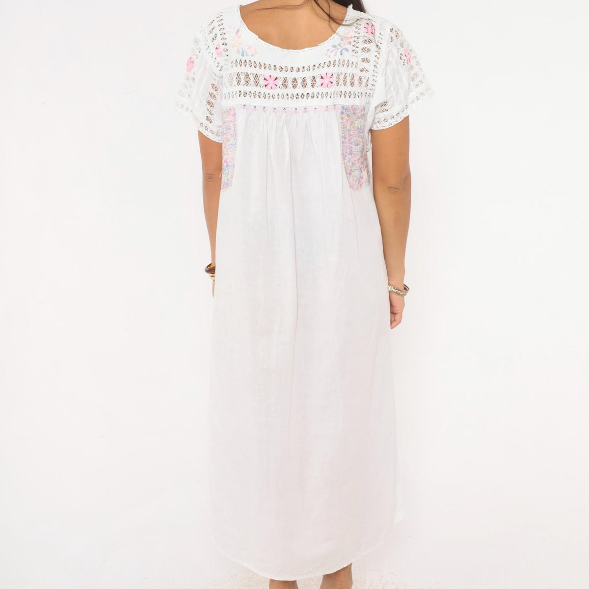 80s Mexican Embroidered Dress White Floral Crochet Lace Yoke Midi Large