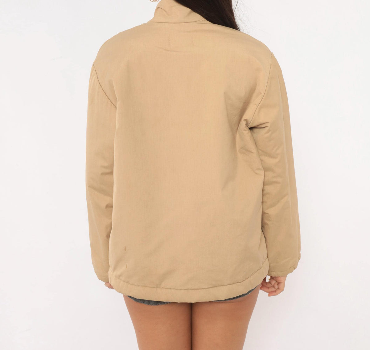 80s Avon Beige Snap Front Insulated Jacket Navy Lined Small