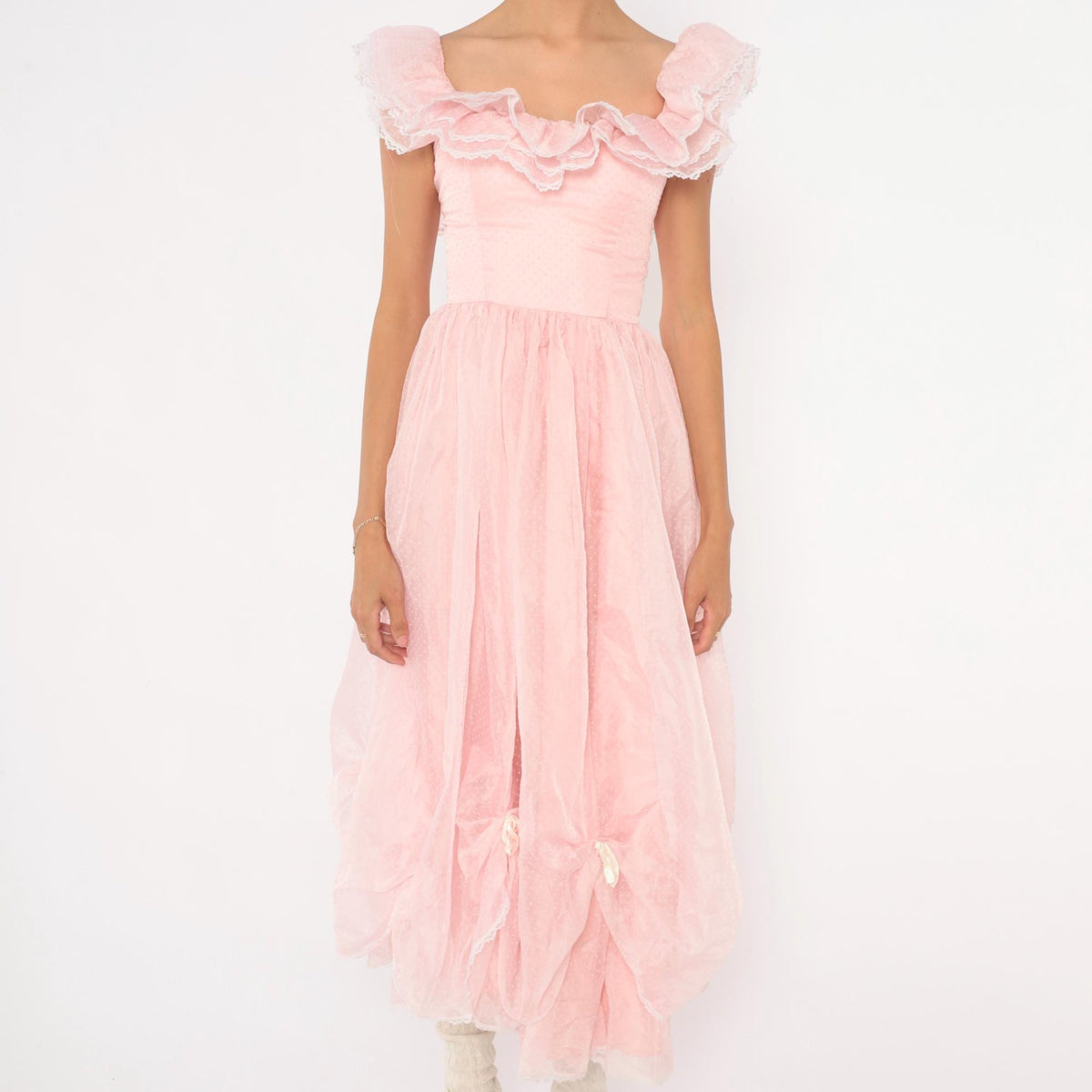 70s Pink Swiss Dot Midi Party Dress Ruffle Neckline Lace Trim XXS