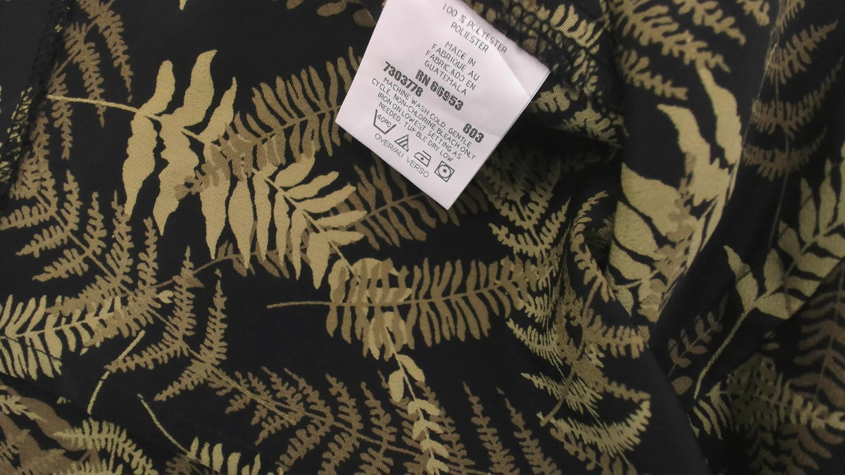 90s Joan Leslie Fern Print Camp Collar Shirt Black Olive Botanical Large L