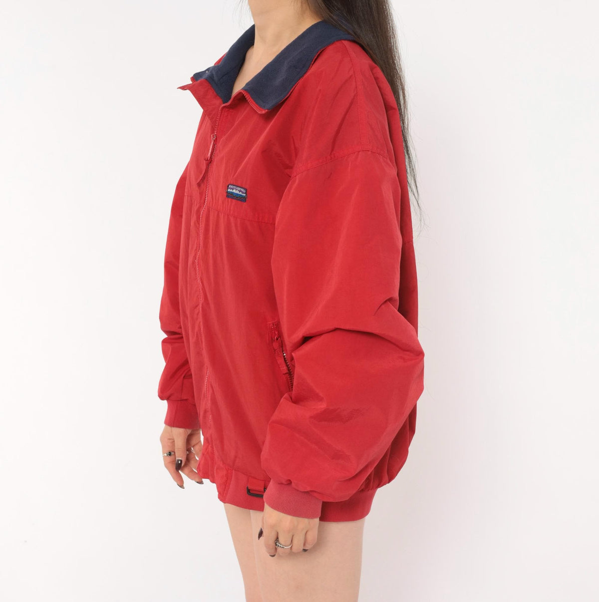 90s White Sierra Red Bomber Jacket Navy Fleece Lined Windbreaker Large L