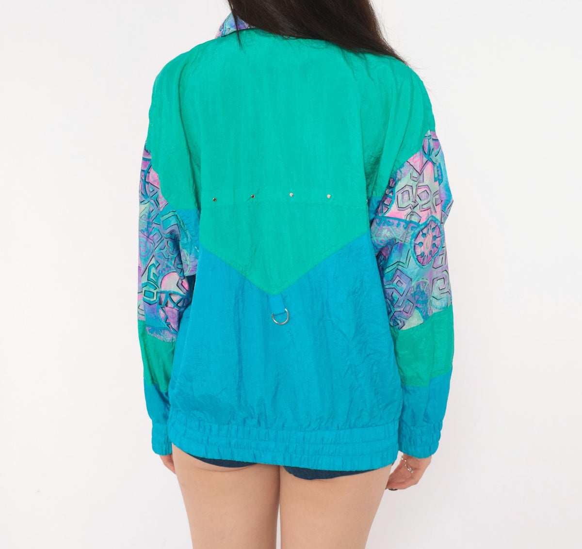 90s Otello Pelle Teal Windbreaker Geometric Color Block Jacket Medium