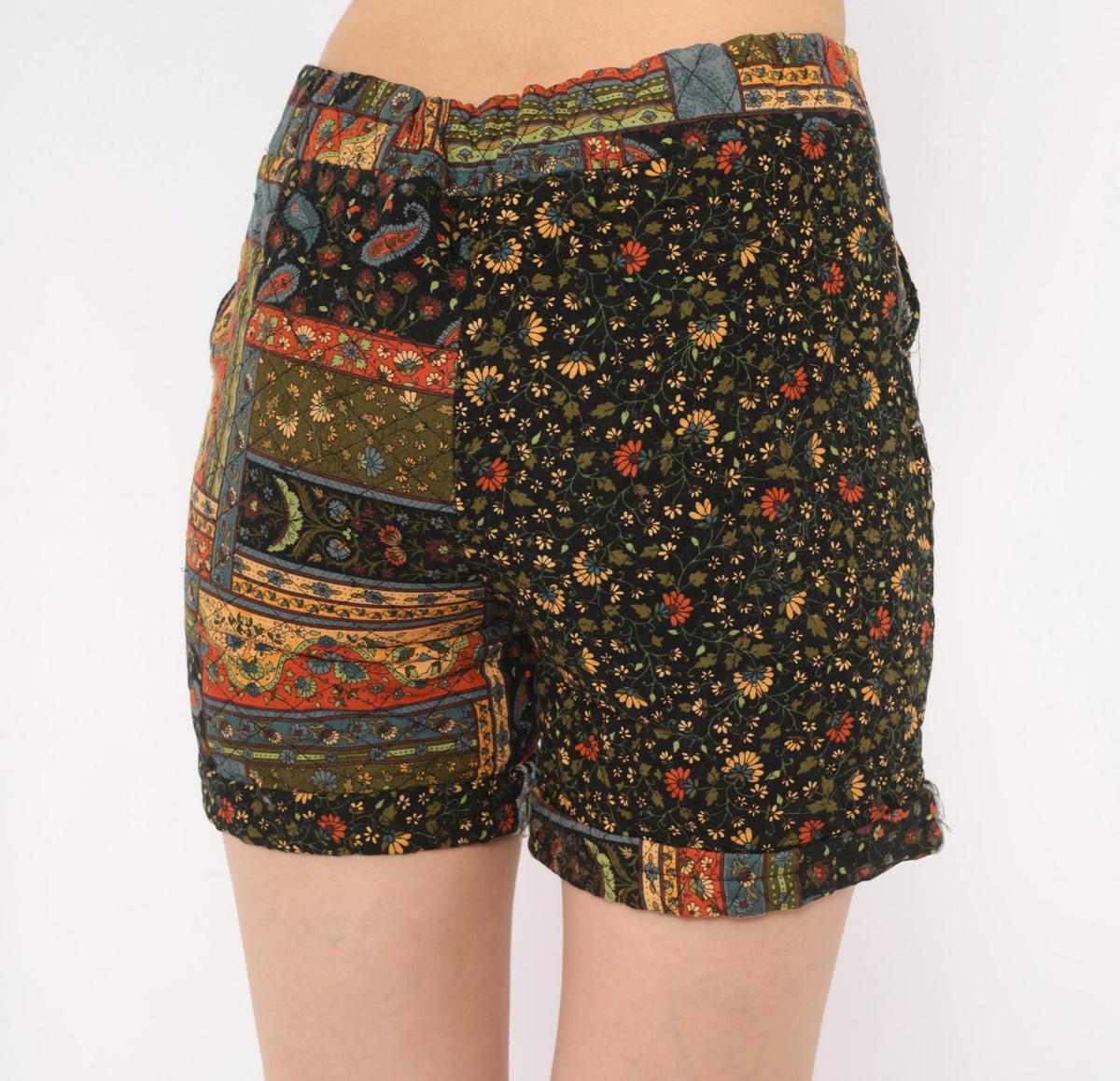 90s Patchwork Floral Shorts Black Paisley Quilted High Rise Small