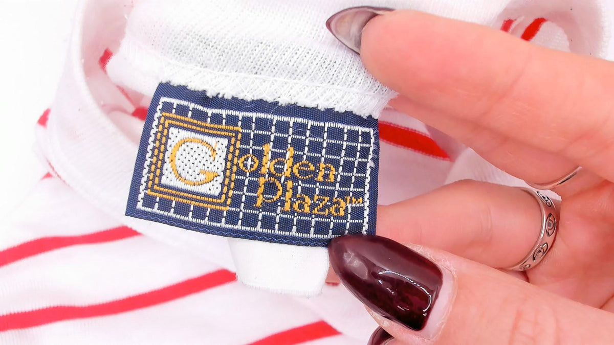 80s Golden Plaza Nautical Striped Tee Red White Embroidered Crest Large