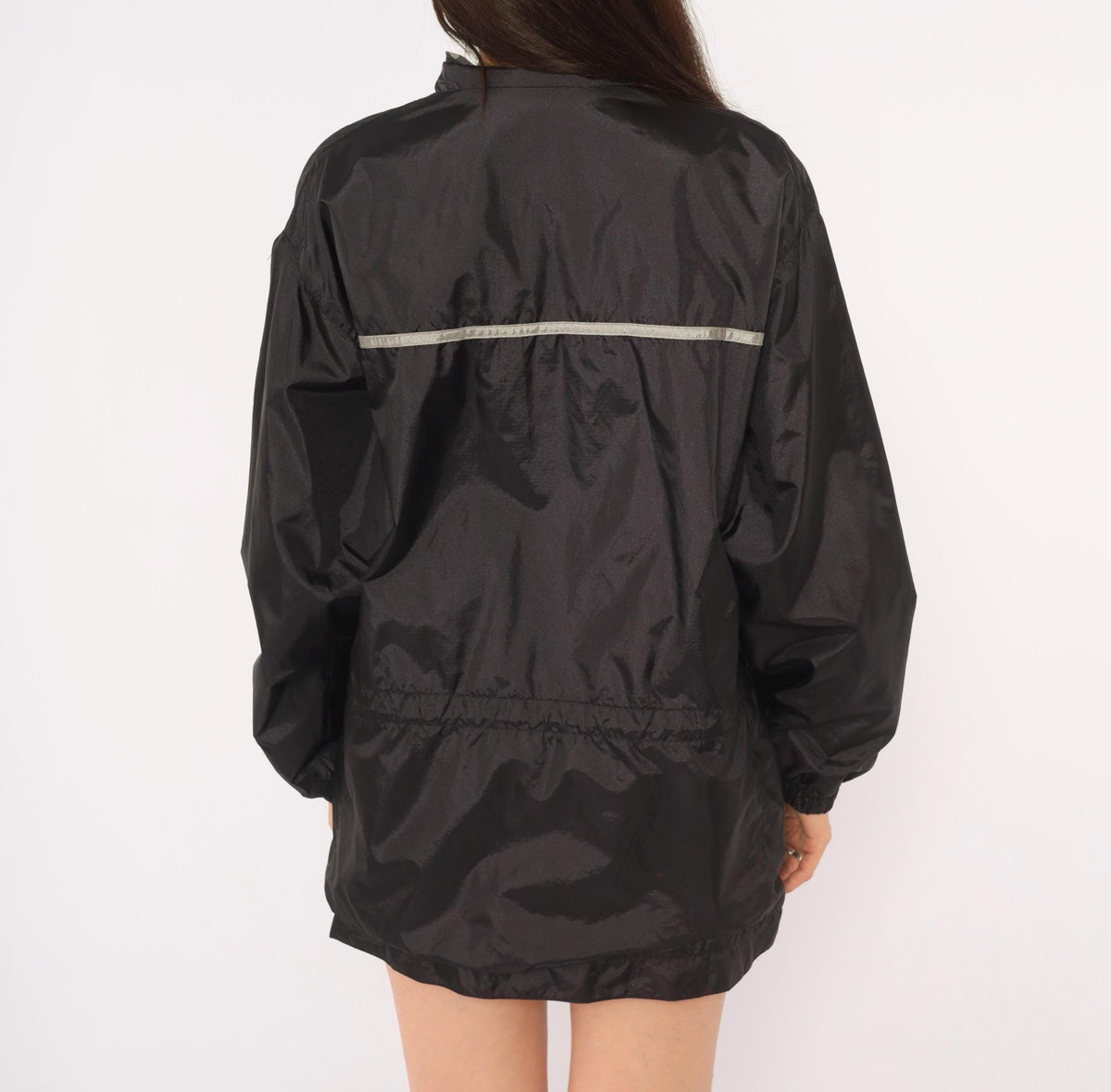 90s Reebok Windbreaker Jacket Black Grey Reflective Stripe Medium M