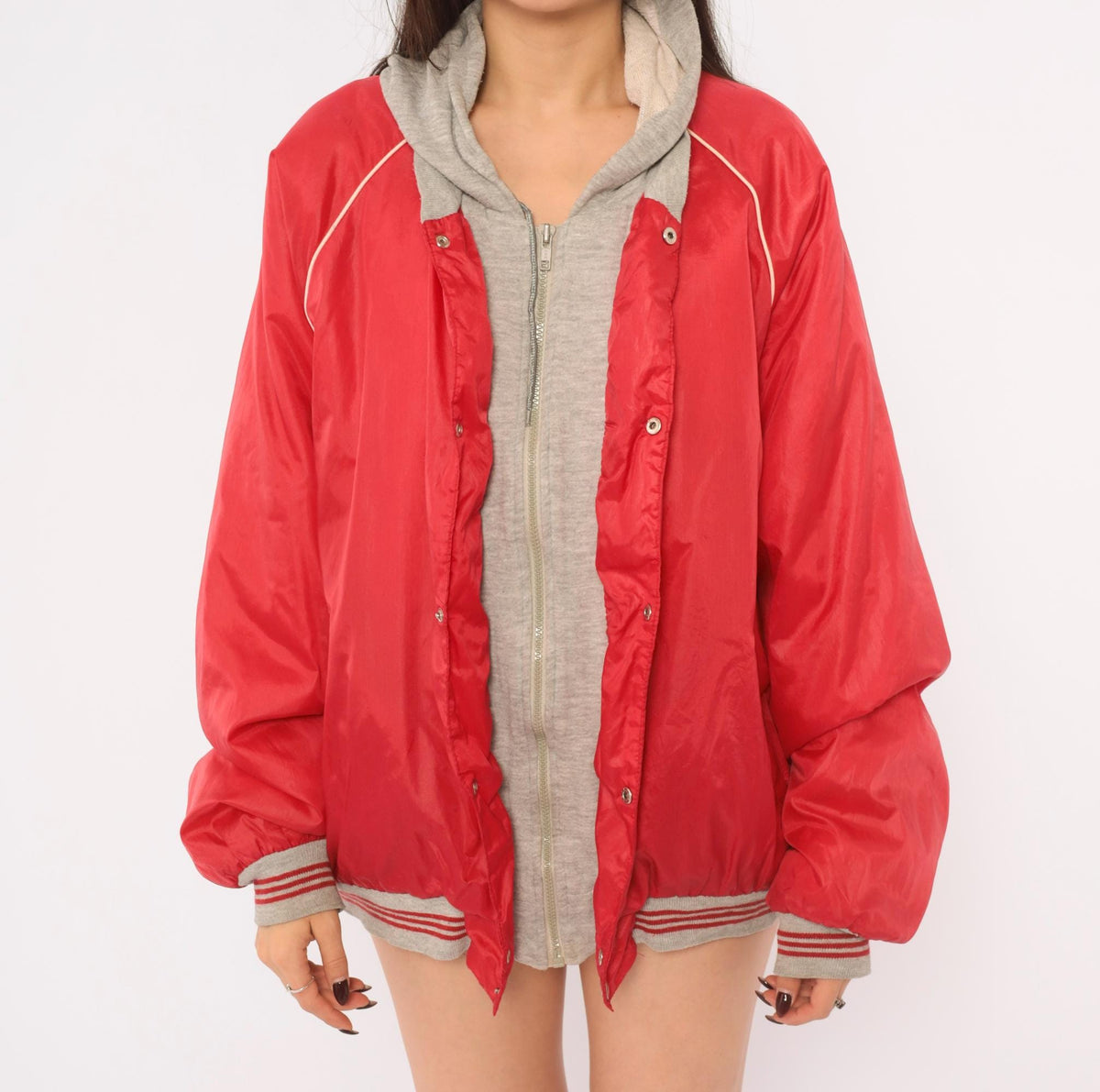 80s Bass Pro Shops Hooded Bomber Jacket Red Grey Raglan Windbreaker Medium