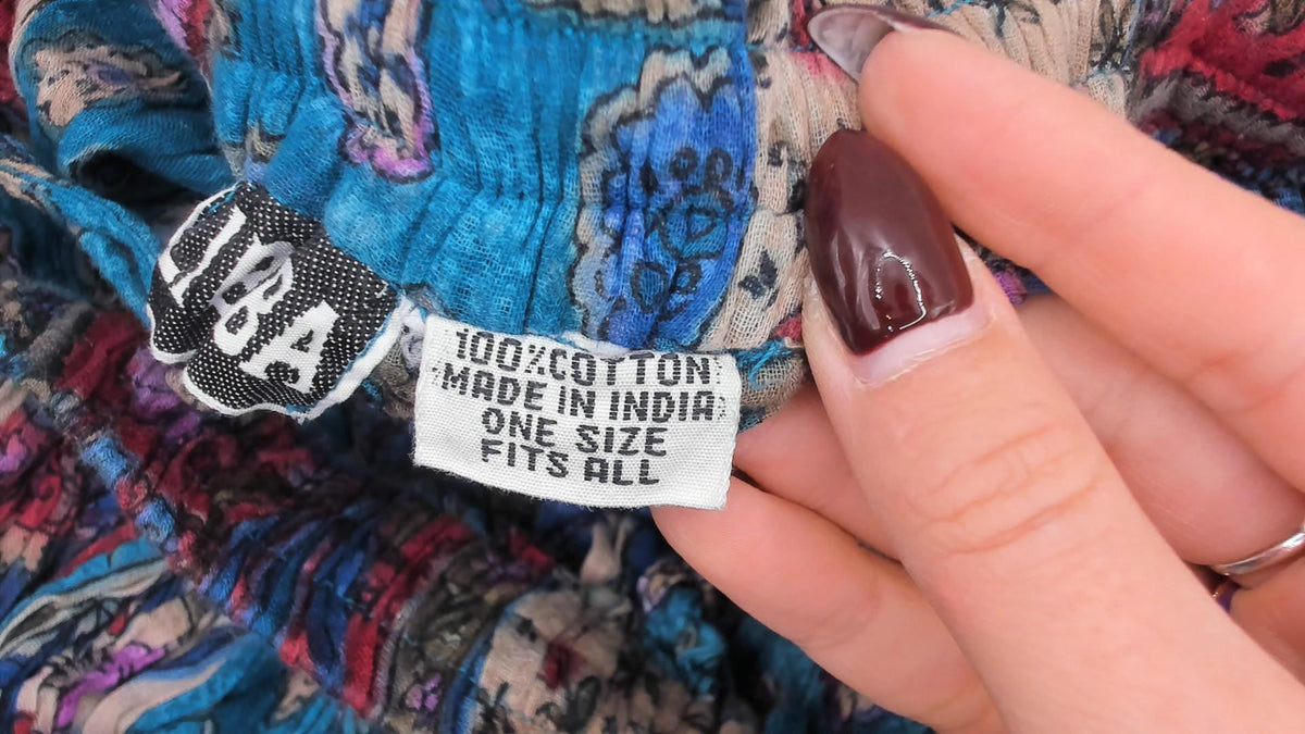 90s Alibaba Patchwork Floral Midi Skirt Drawstring Teal Blue Medium