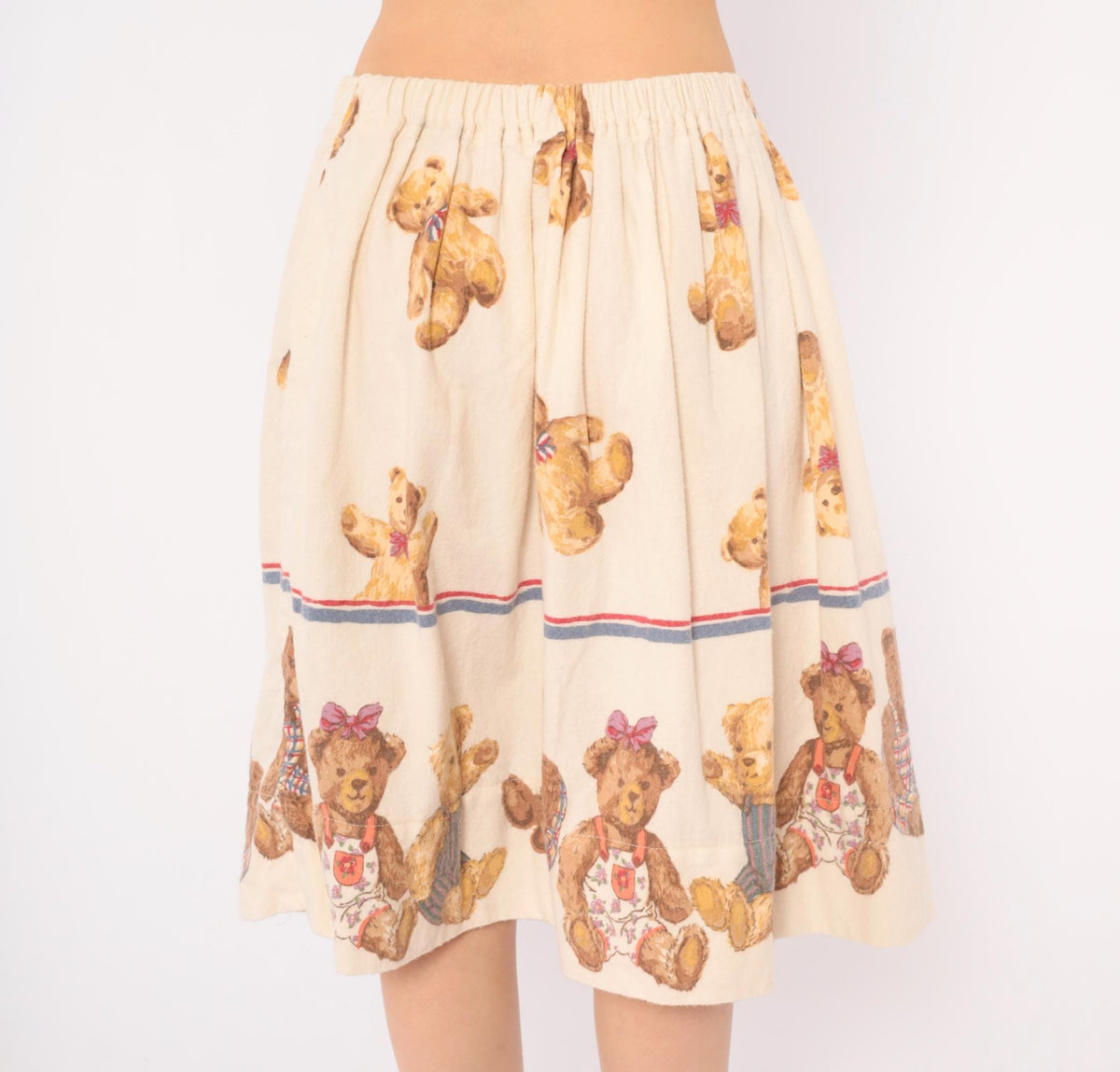 80s Teddy Bear Print Cotton Flannel Skirt Cream A-Line Medium
