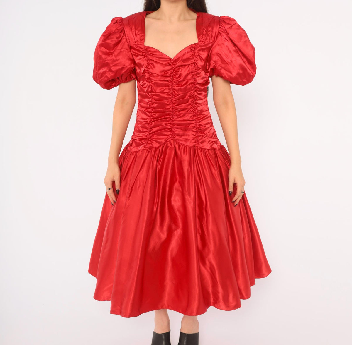 80s Red Prom Dress Sweetheart Neckline Puff Sleeve Open Back Midi Medium