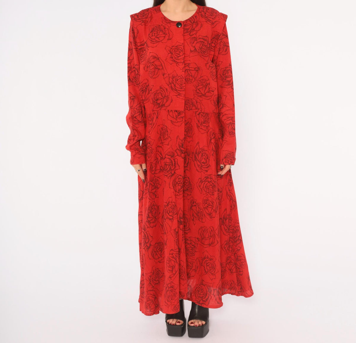 80s Red Rose Print Linen Dress Black Floral Ankle Length Button Front Medium